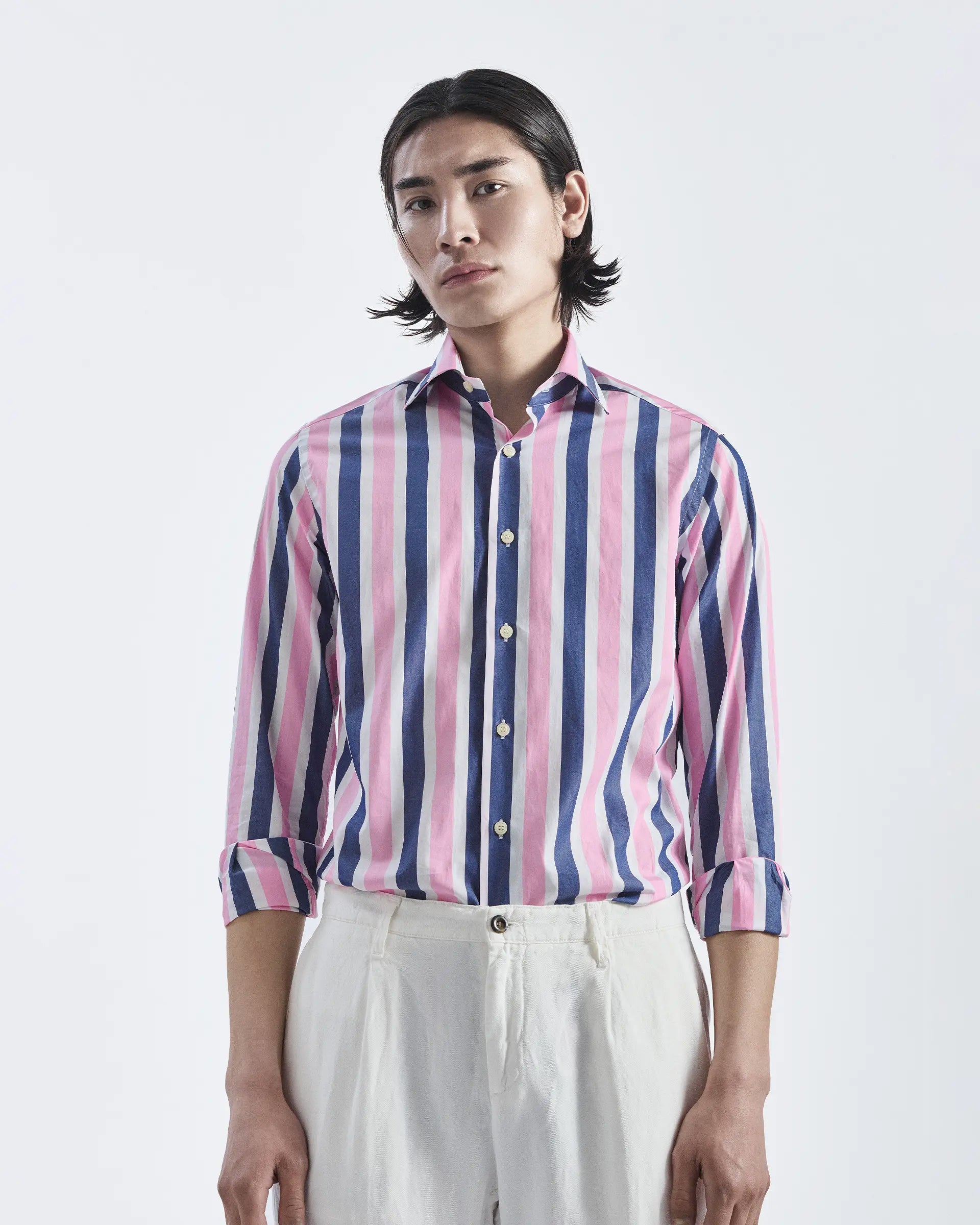 Regular fit blue and pink striped shirt with Milan collar