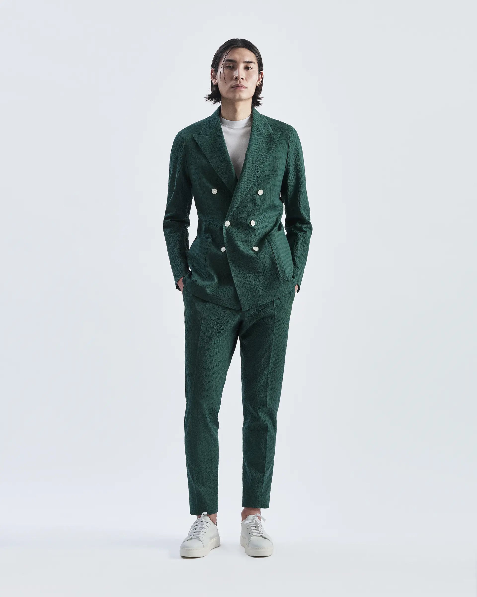 Green double-breasted suit in cotton and linen seersuker Subalpino fabric