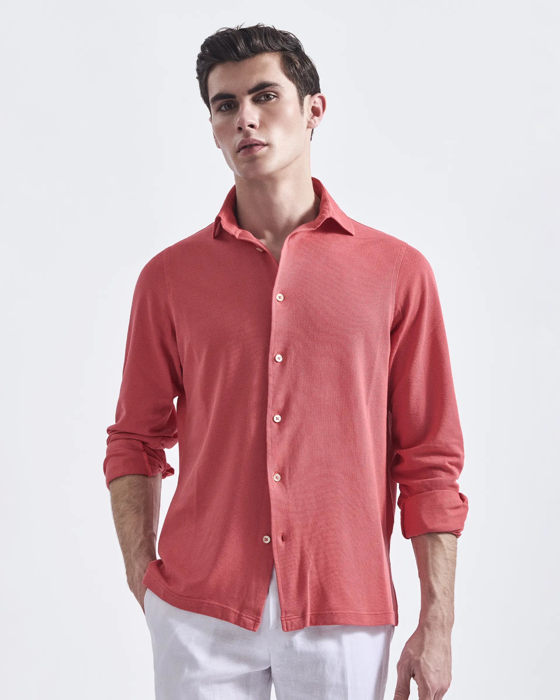 Coral shirt in garment-dyed piquet cotton