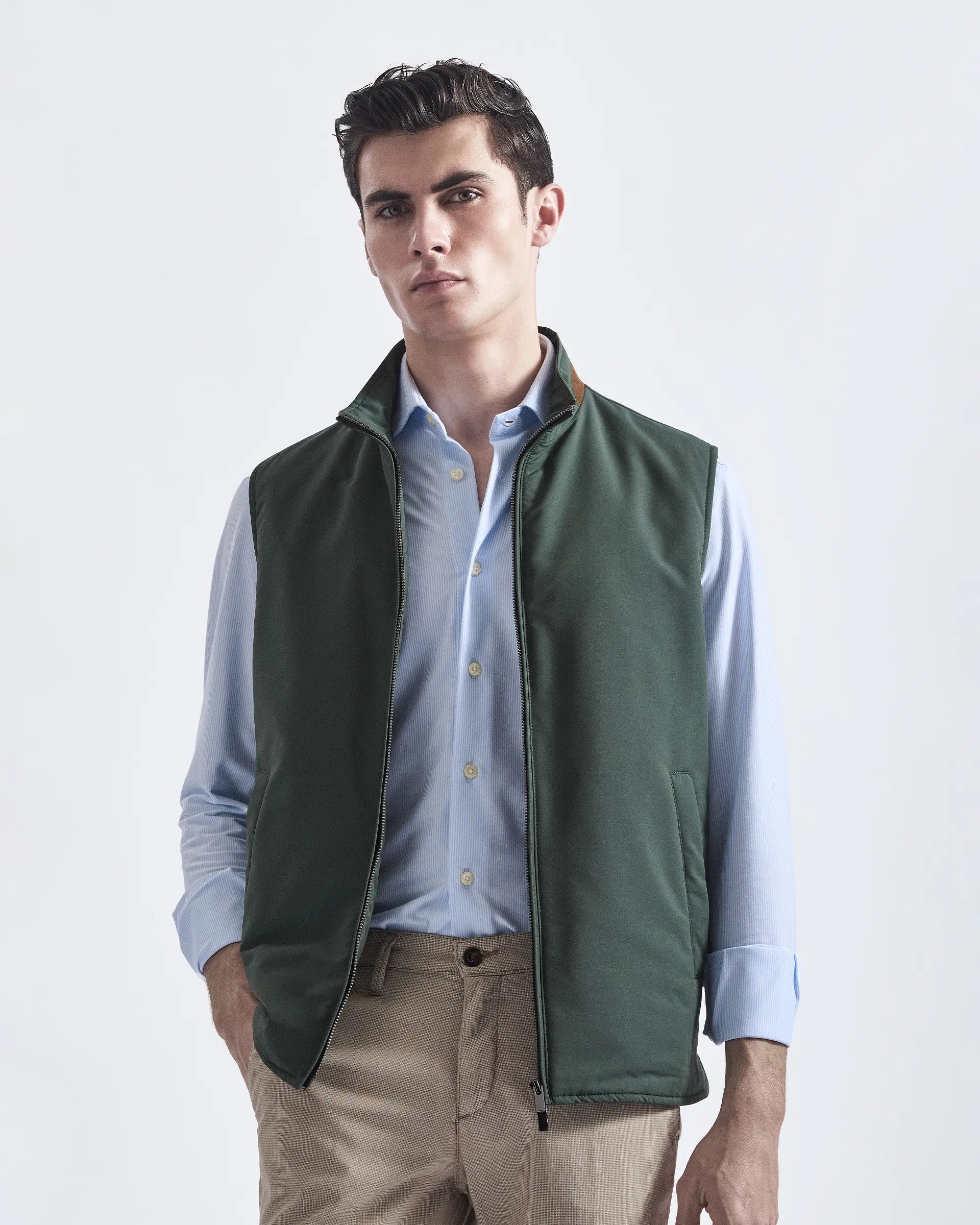 Green technical wool vest in Loro Piana Rain System fabric