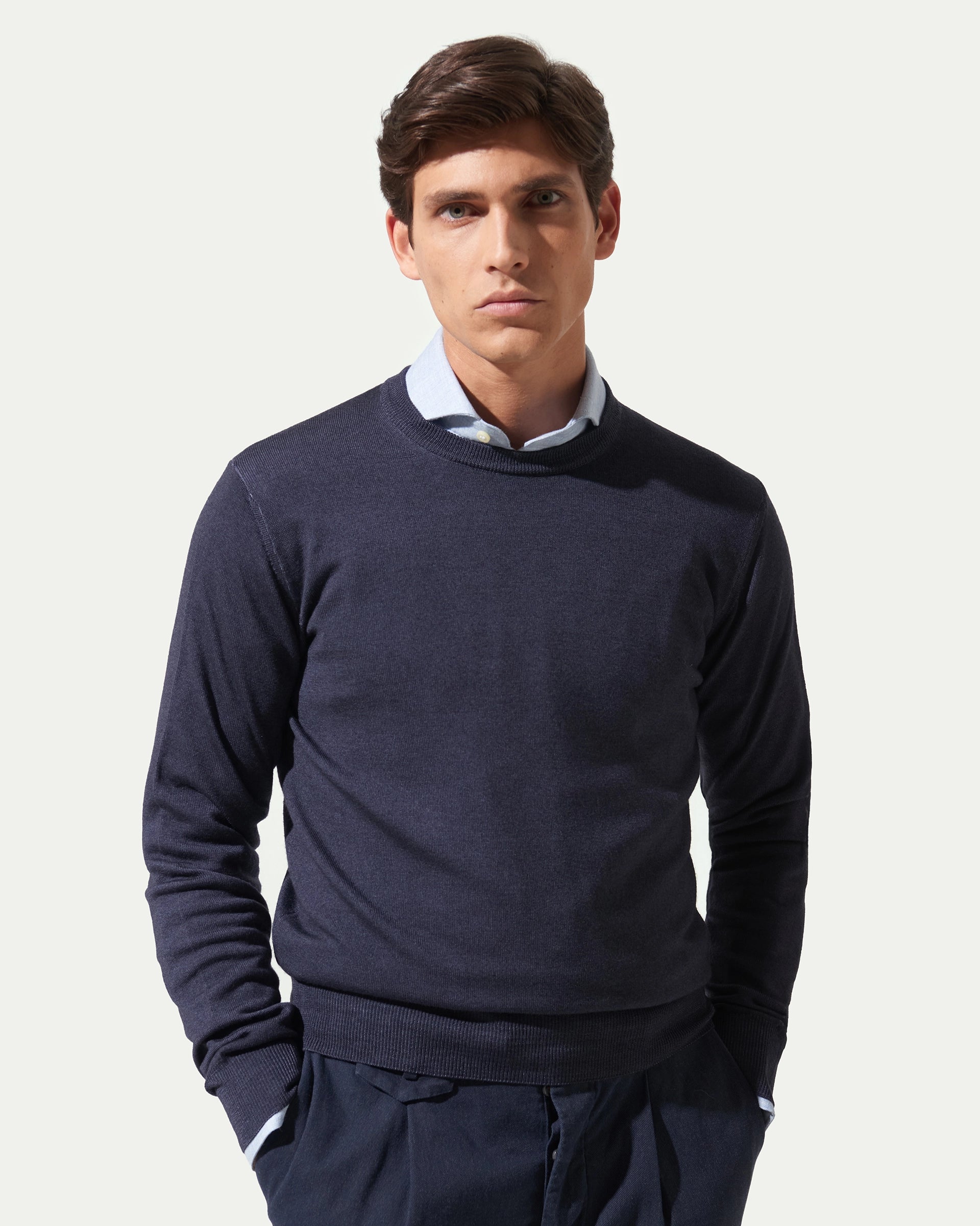 Girocollo Blu in pura lana merino extrafine finezza 12