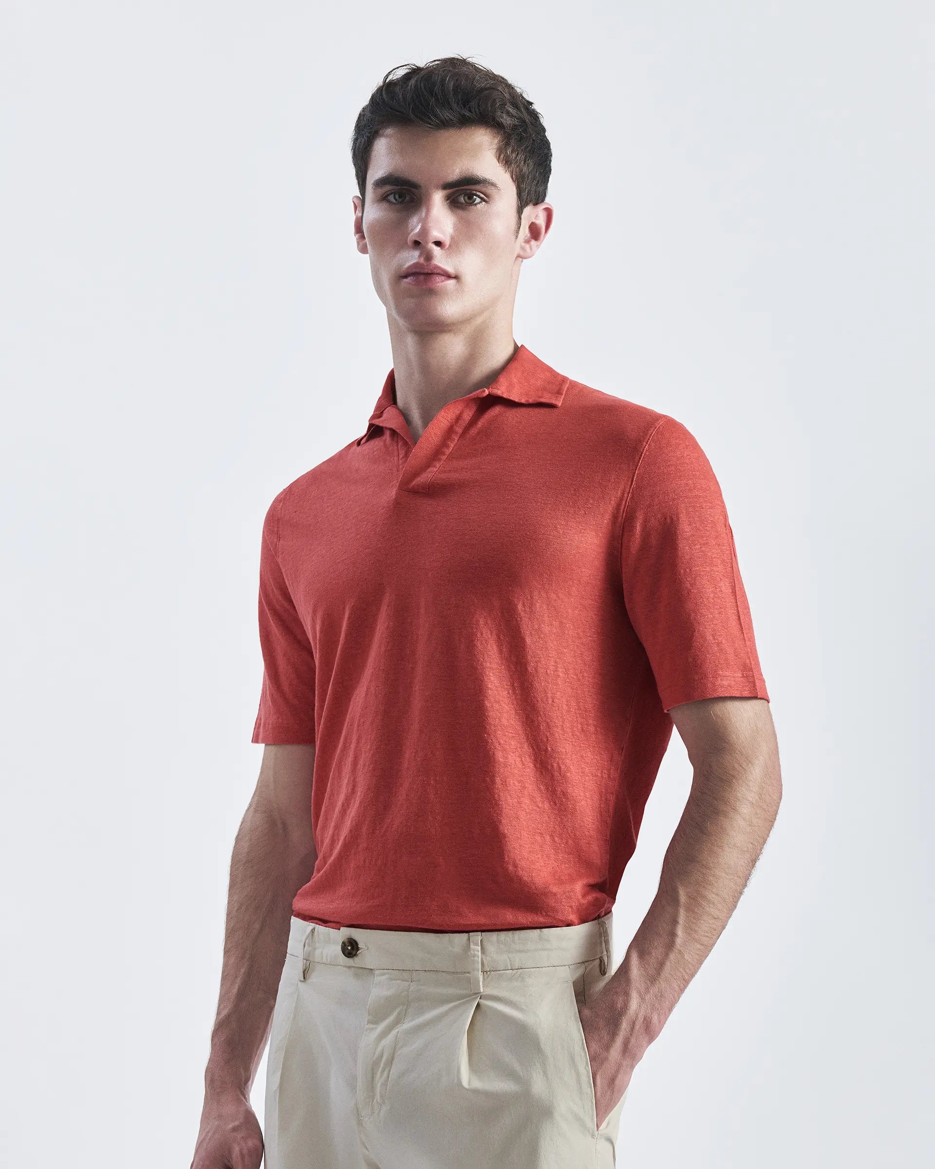 Short sleeve coral polo shirt in pure cotton