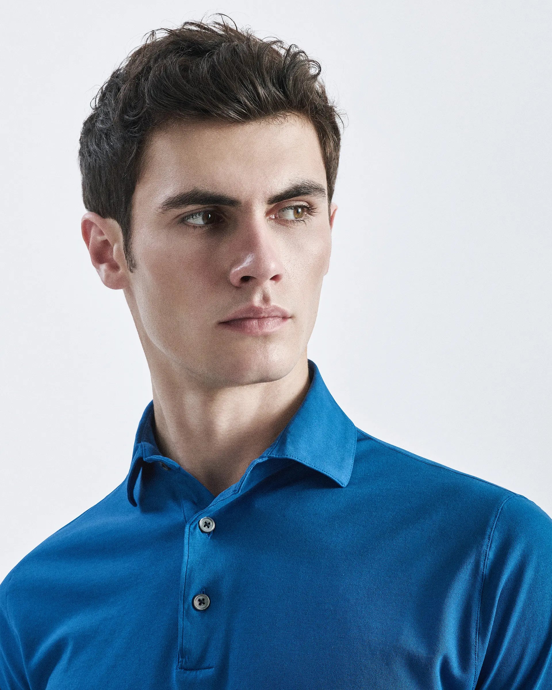Light blue short sleeve polo shirt in pure crepe cotton