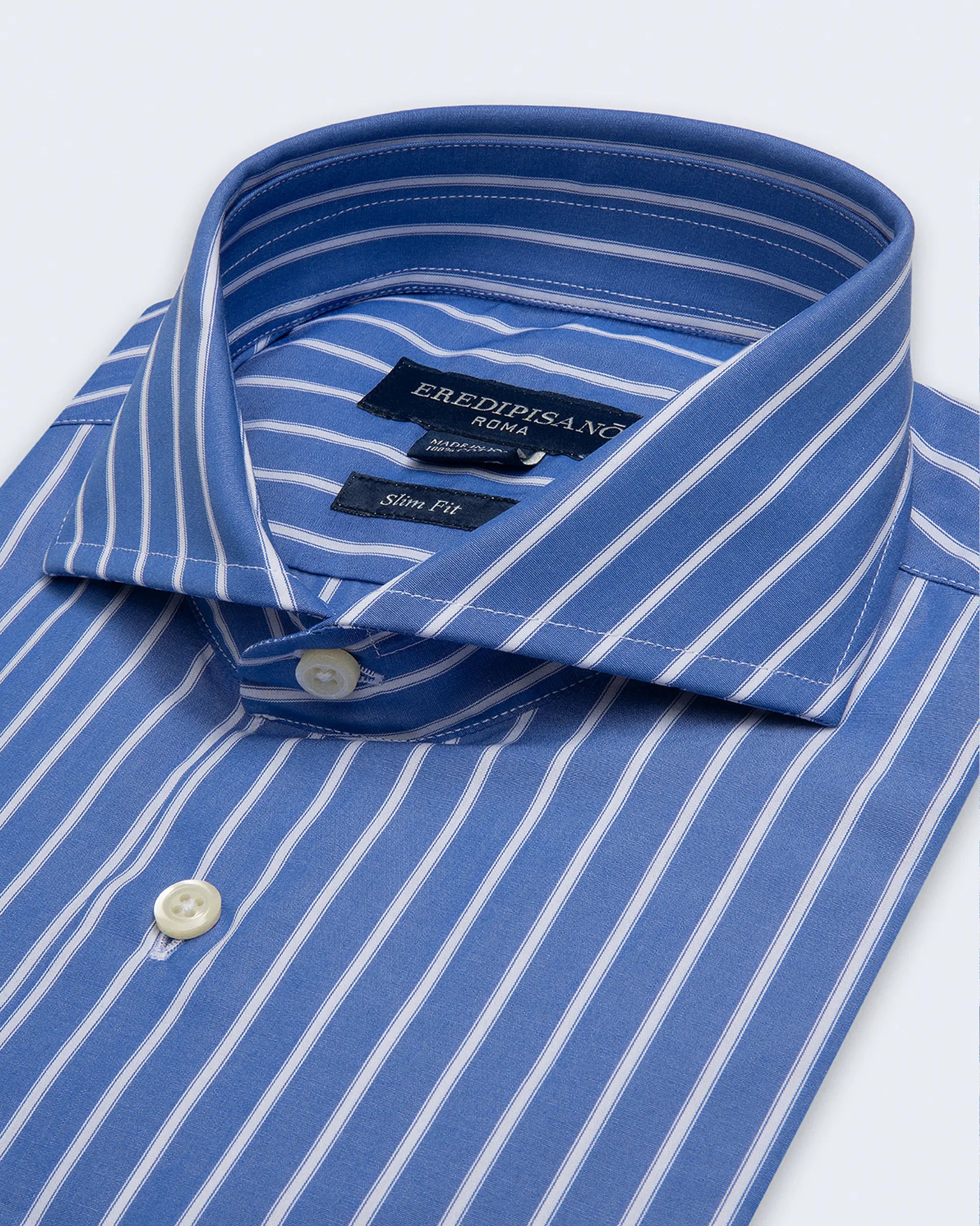 Camicia rigata fondo azzurro in puro cotone slim fit collo Venezia