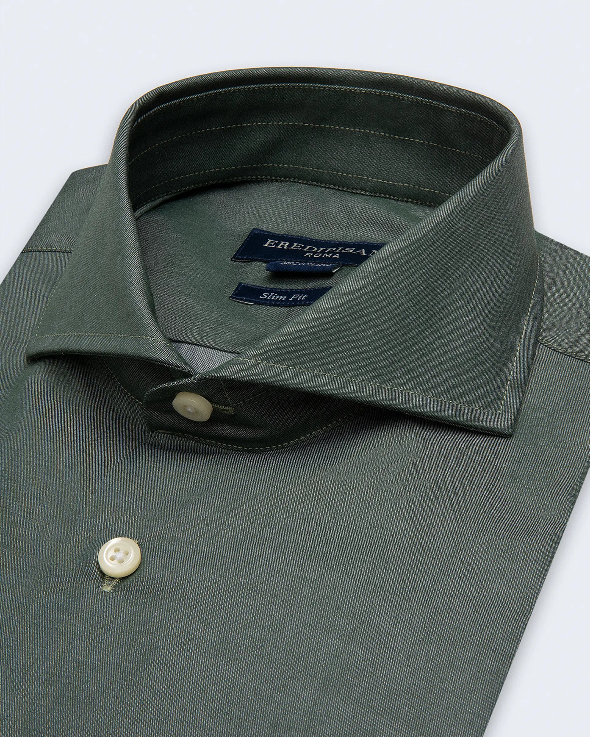 Military green shirt in slim fit cotton twill with Venice collar