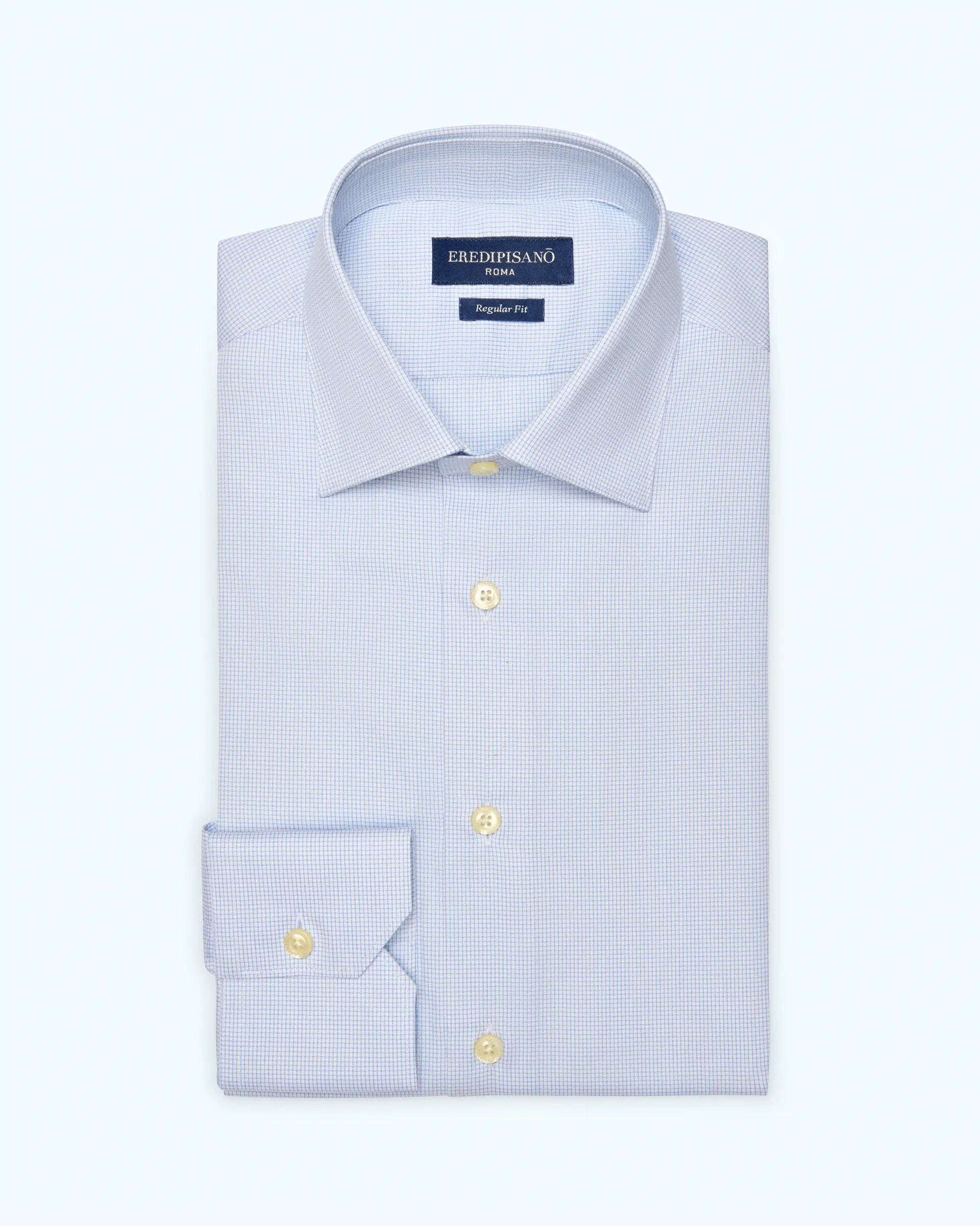 Camisa de cuadros azul claro en algodón elástico confort de corte regular con cuello Milán