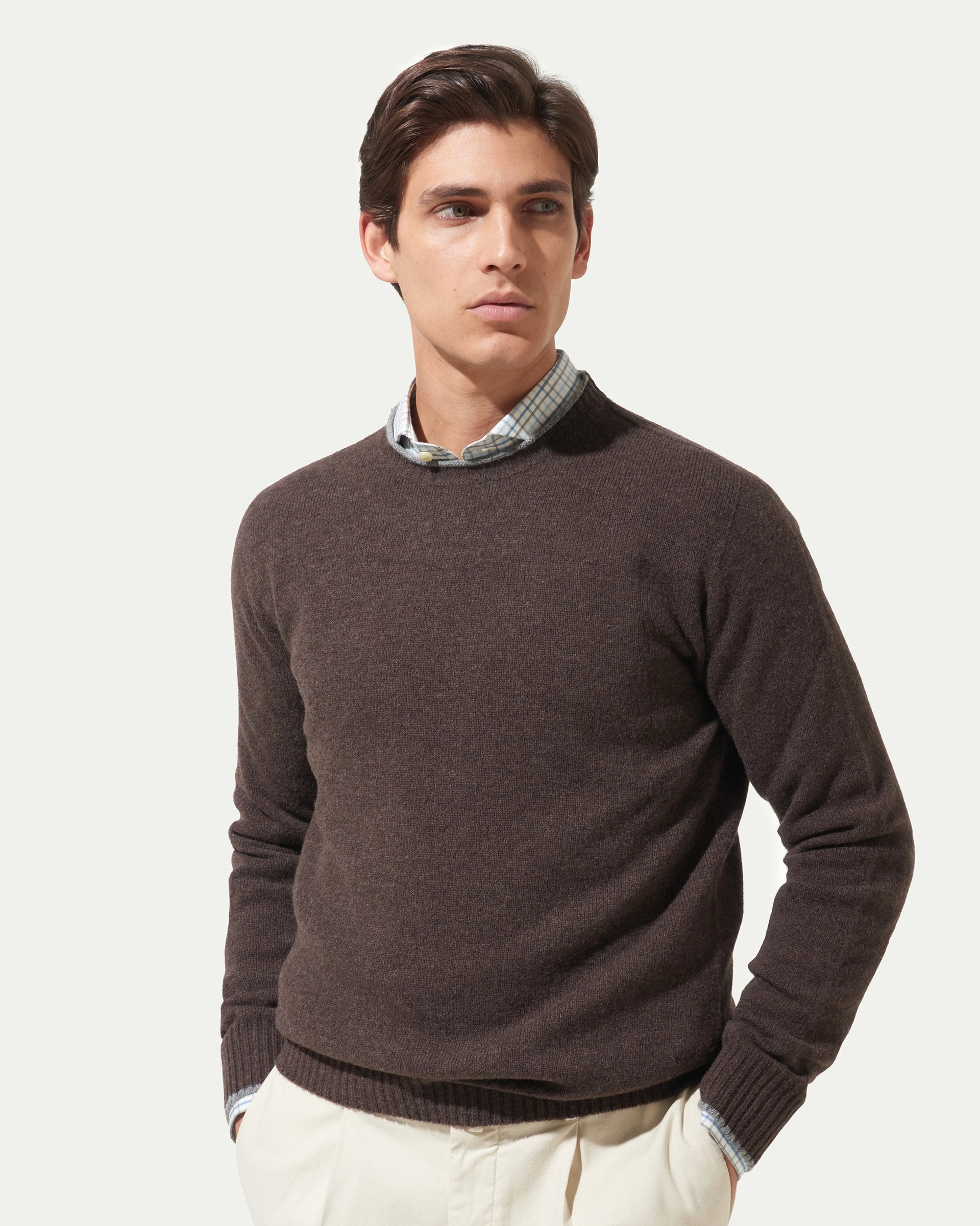 Girocollo profilato marrone finezza 7 in pura lana merinos extrafine