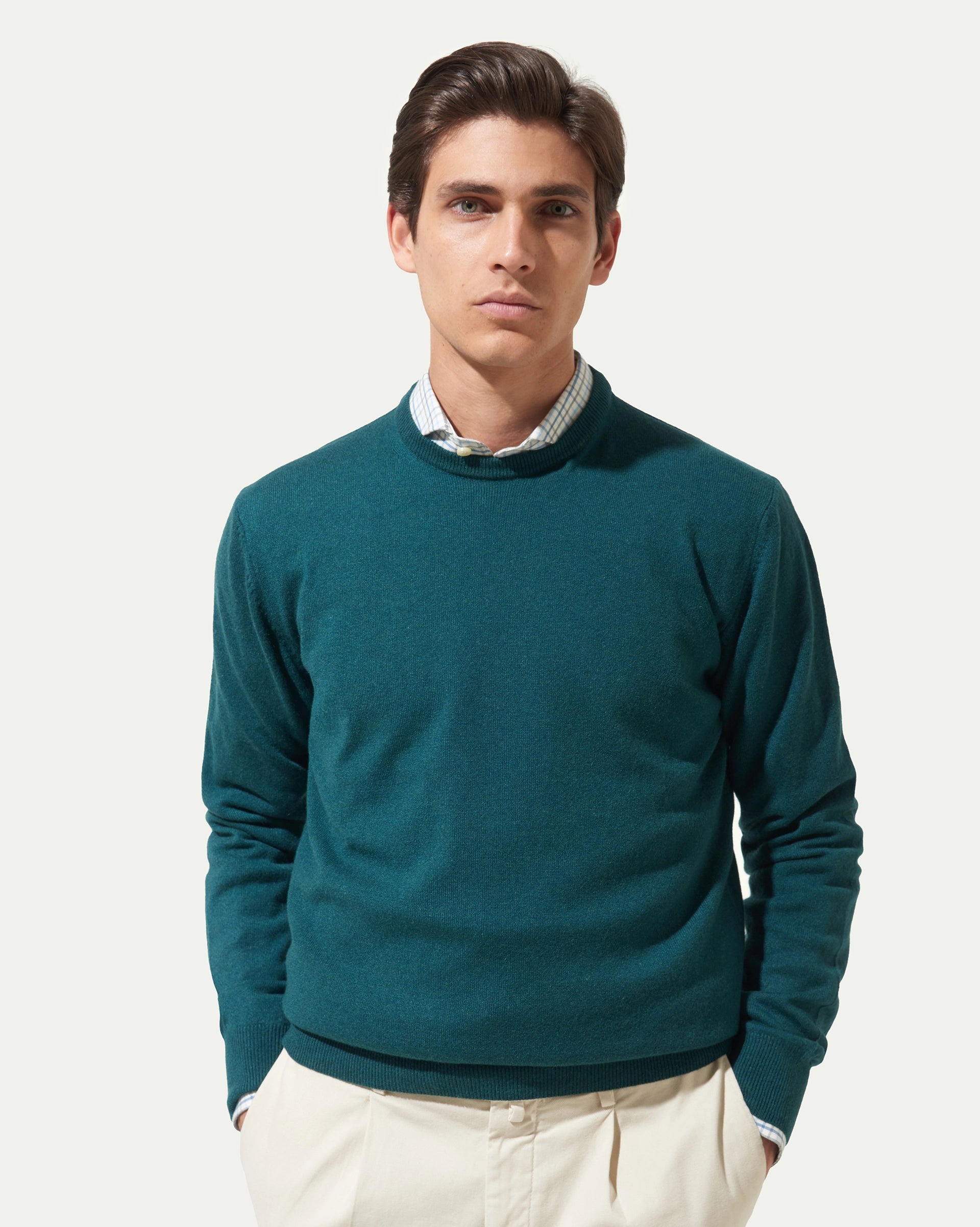 Girocollo verde in puro cashmere rasato finezza 12