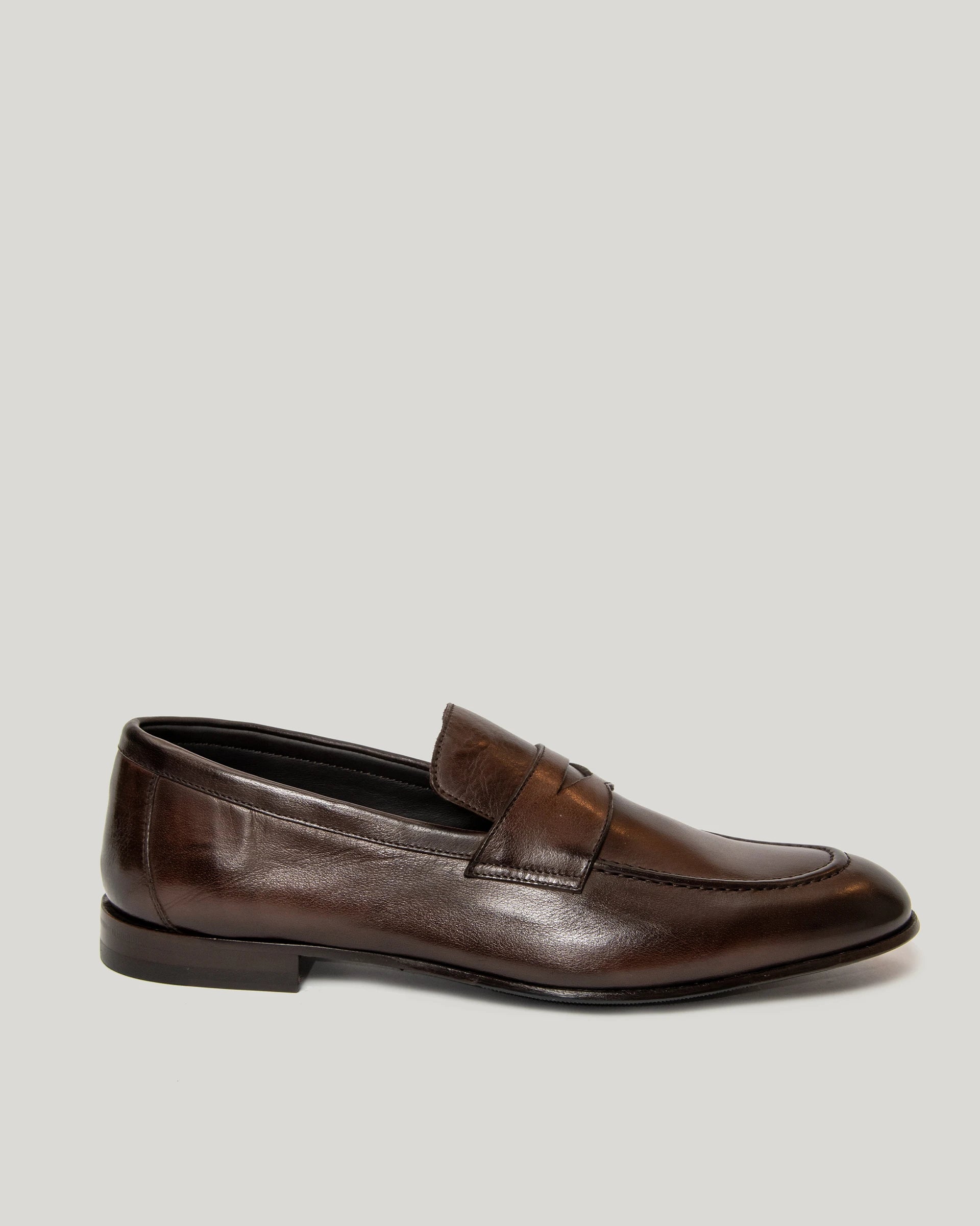 Dark brown antiqued calfskin loafer