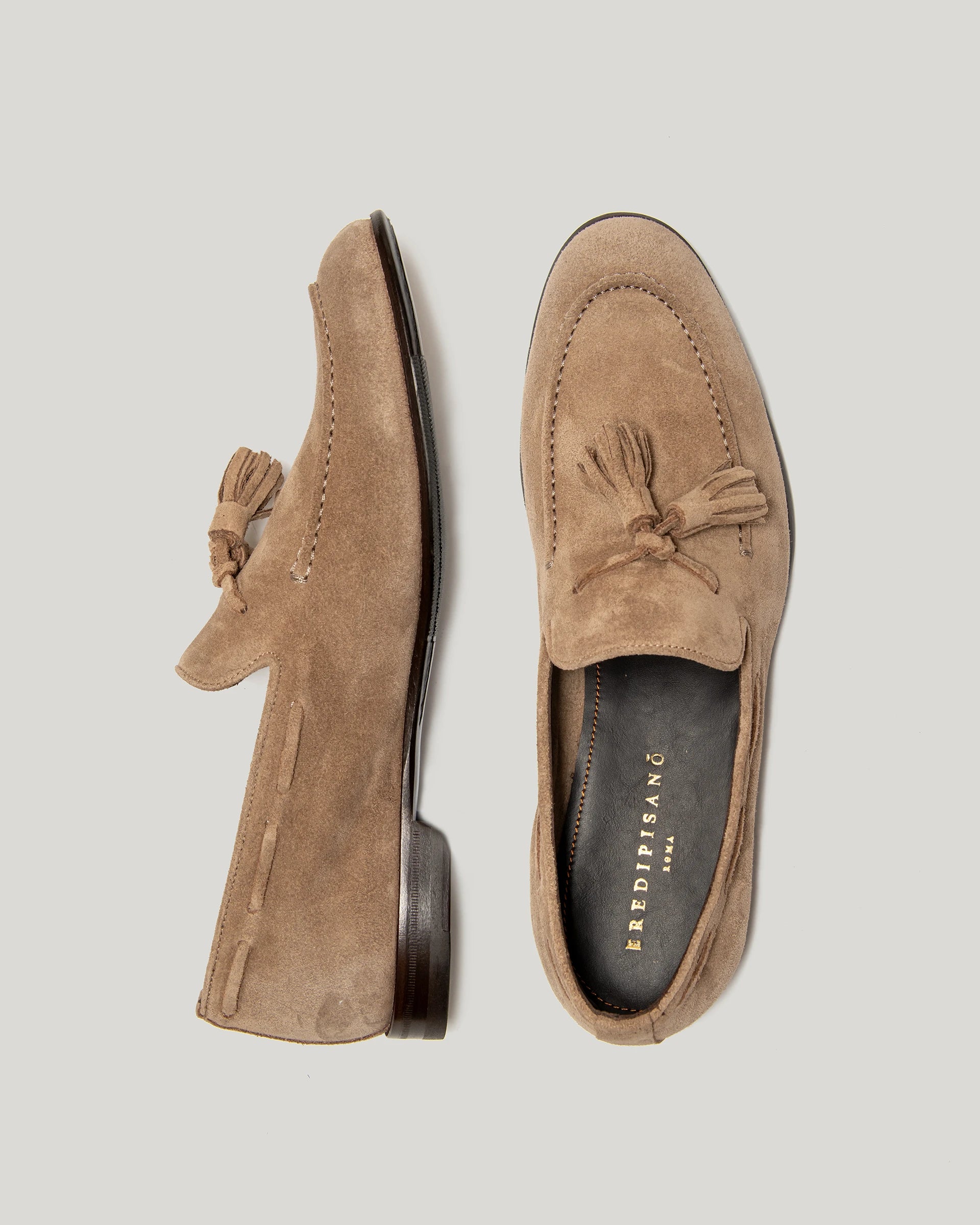 Taupe suede moccasin with tassels