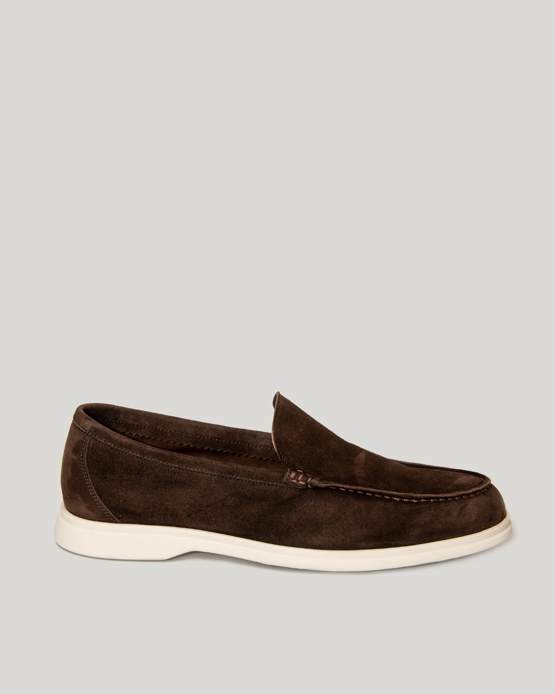 Dark brown boat loafer in light suede