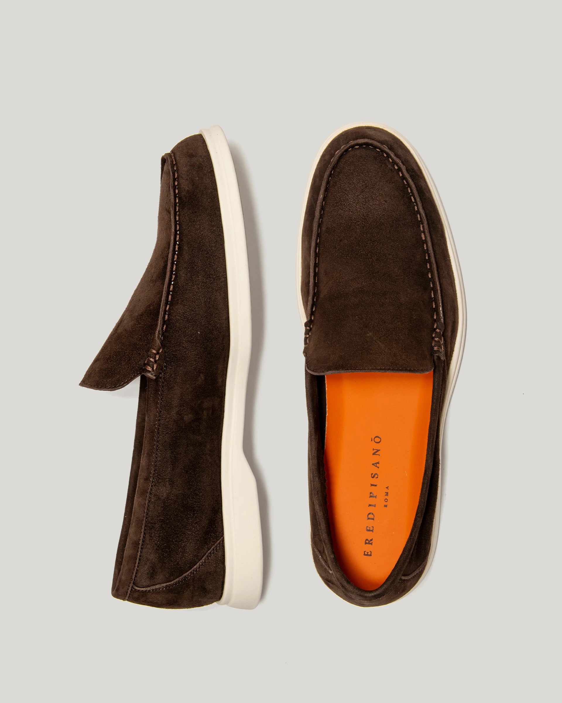 Dark brown boat loafer in light suede