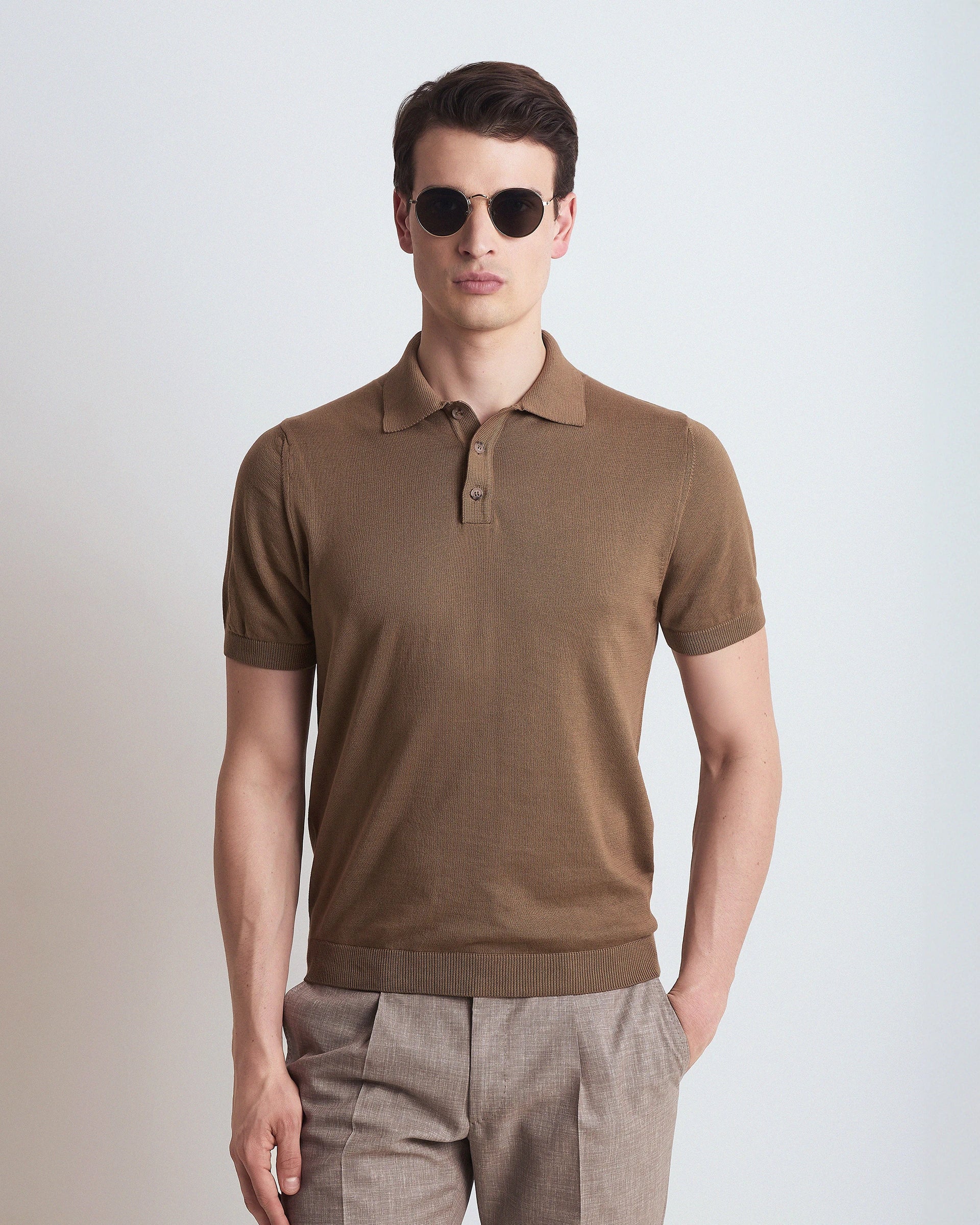 Polo 3 Bottoni manica corta tortora in puro cotone