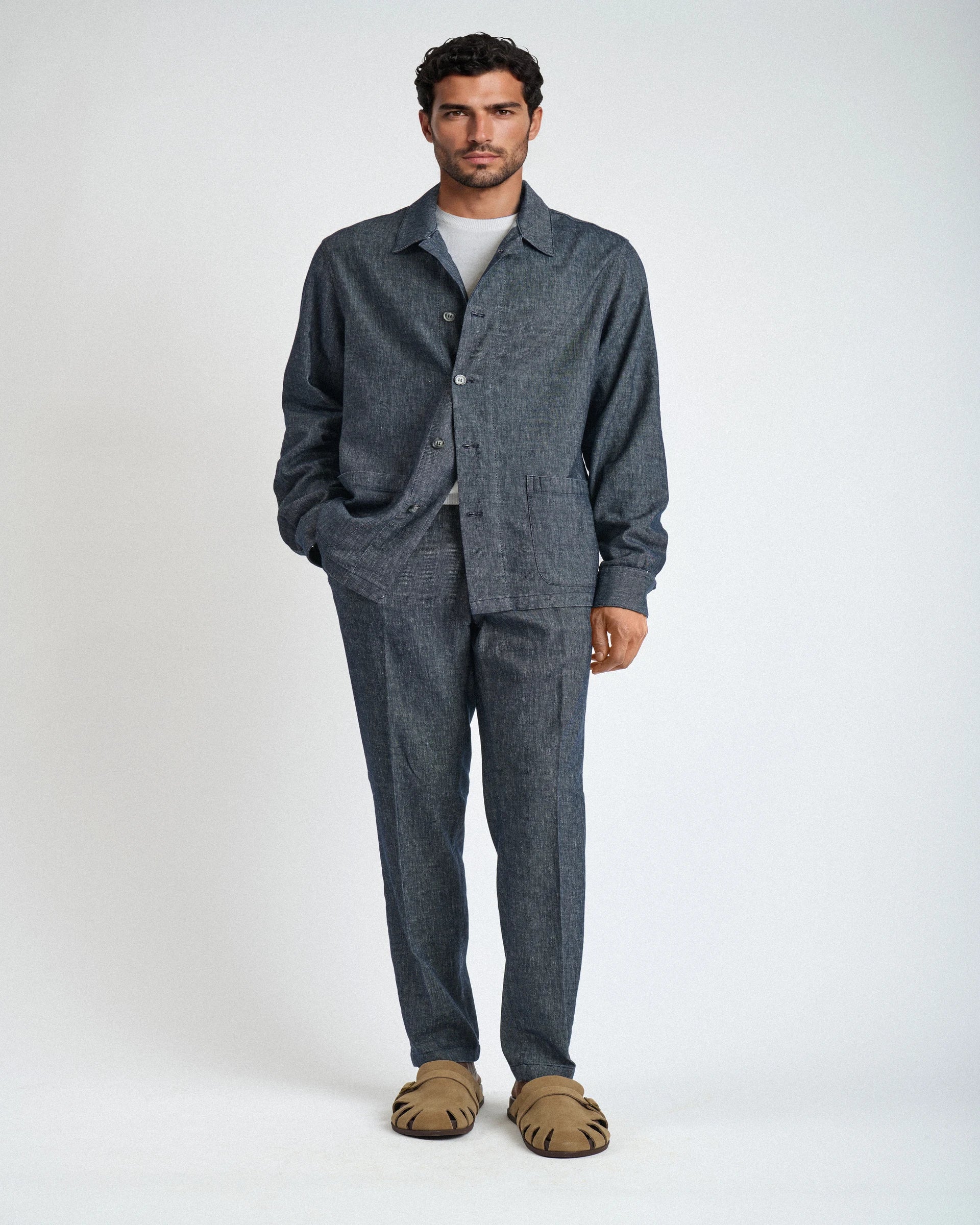 Shirt Jacket in cotone e lino stretch blu denim