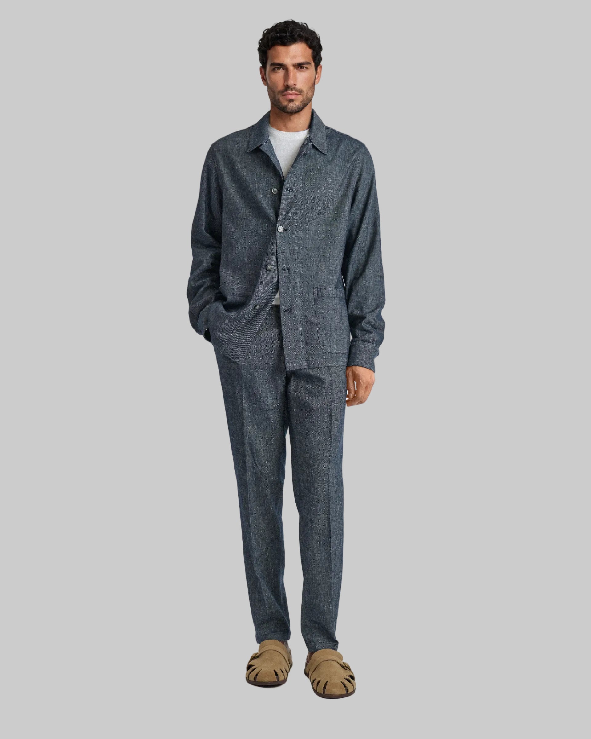 Shirt Jacket in cotone e lino stretch blu denim
