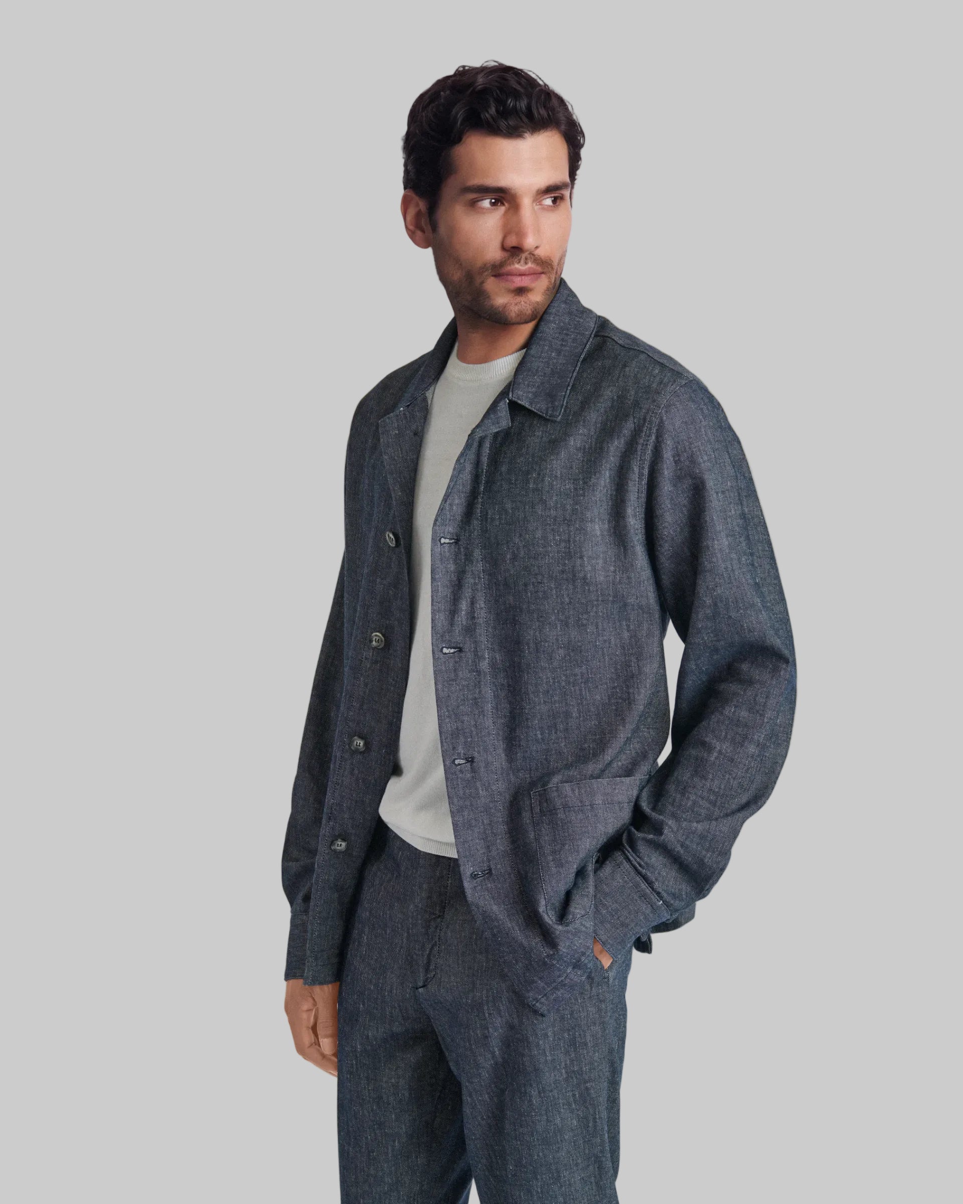 Shirt Jacket in cotone e lino stretch blu denim