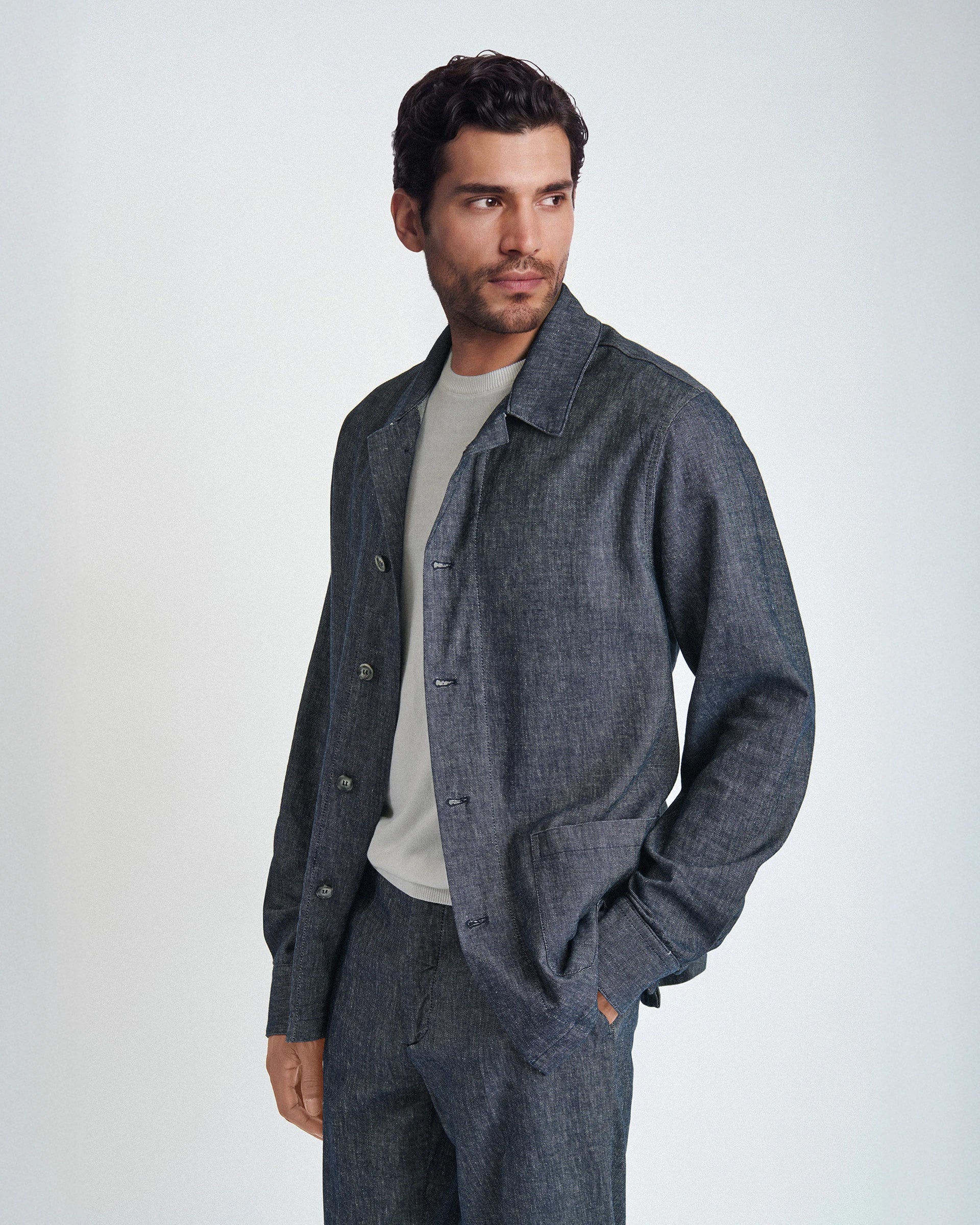 Shirt Jacket in cotone e lino stretch blu denim