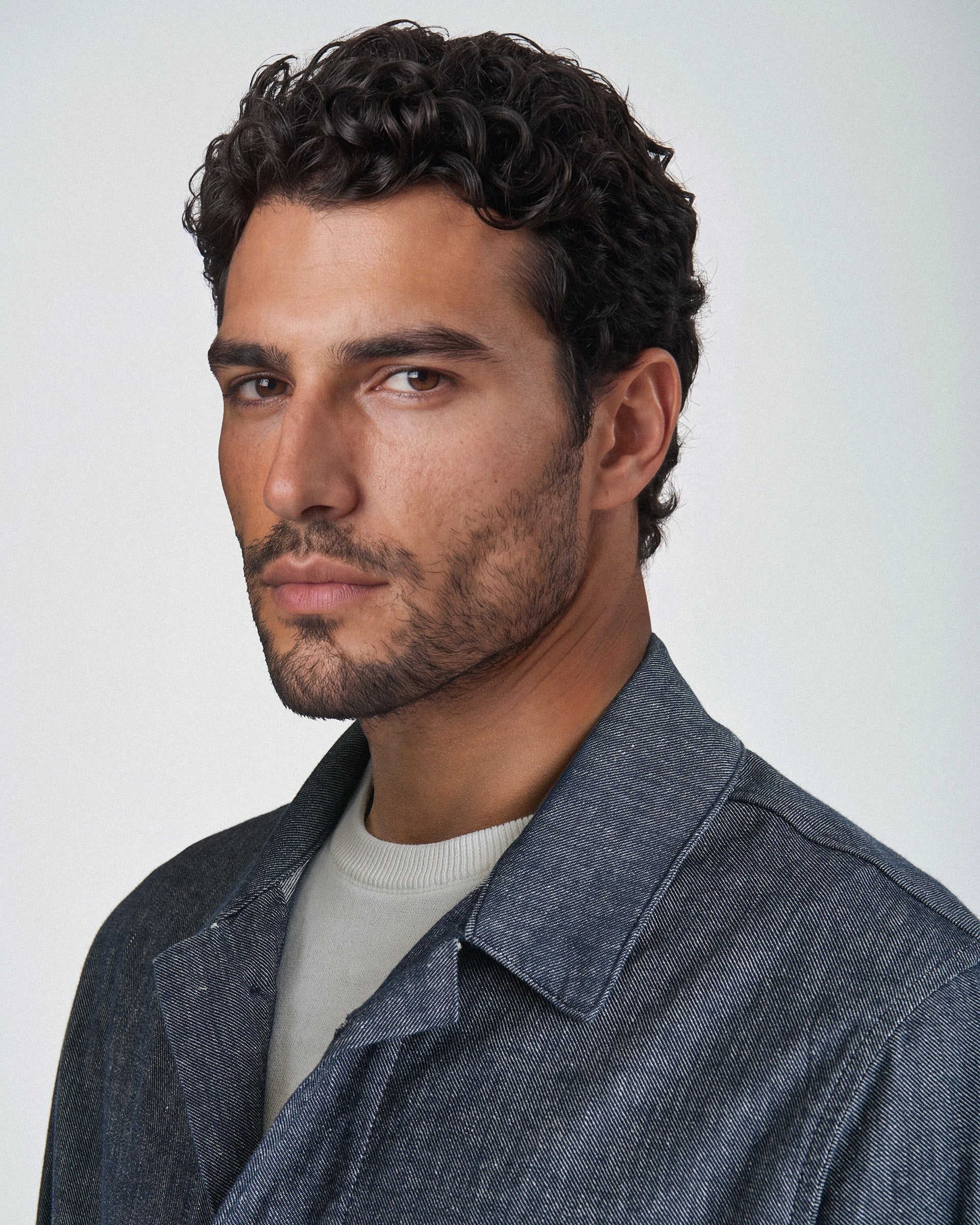 Shirt Jacket in cotone e lino stretch blu denim