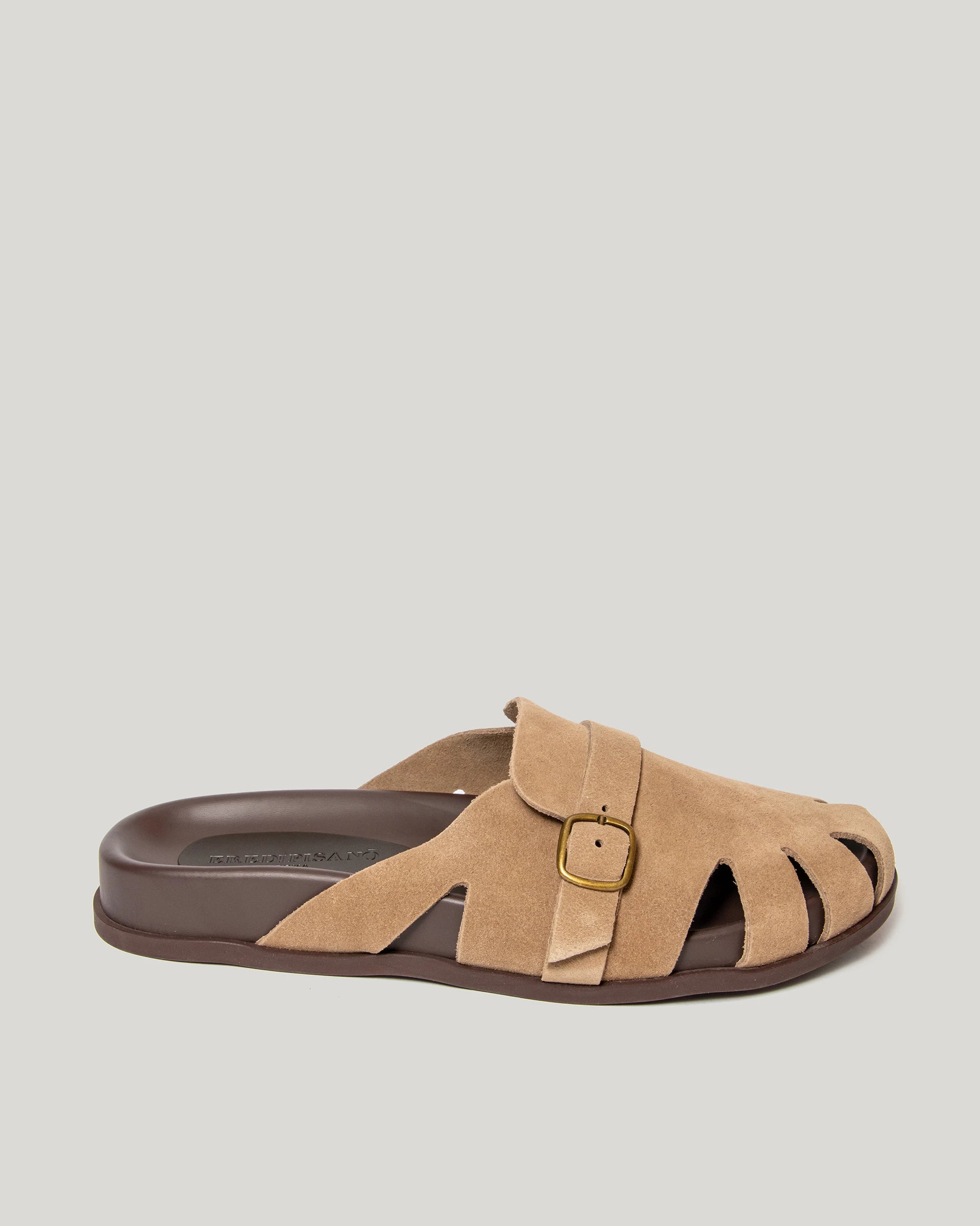 Sandalo tortora in pelle scamosciata con fibbia