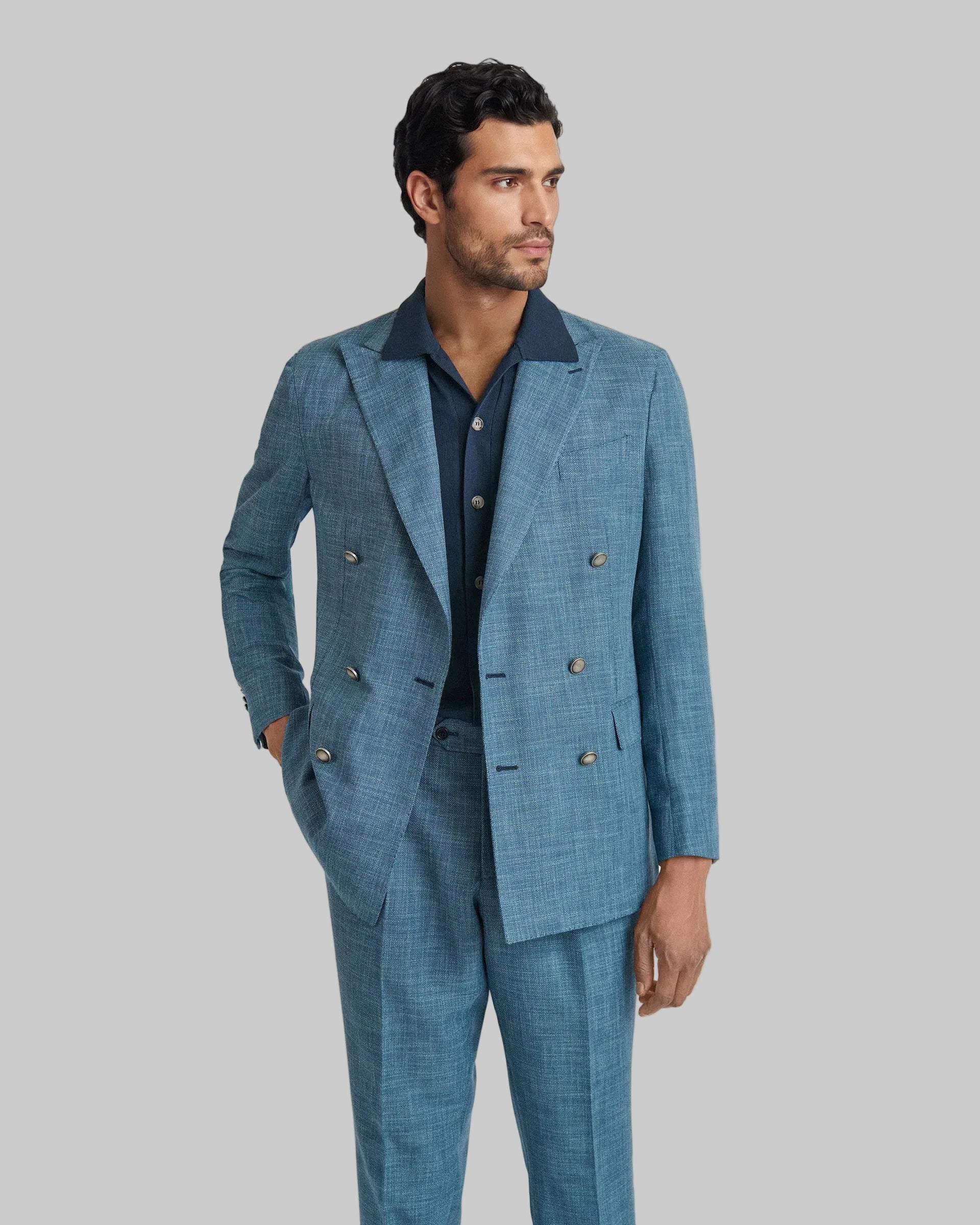 Abito doppiopetto blu in cotone e lana tessuto Vitale Barberis & Canonico “ Cotton Bloom “