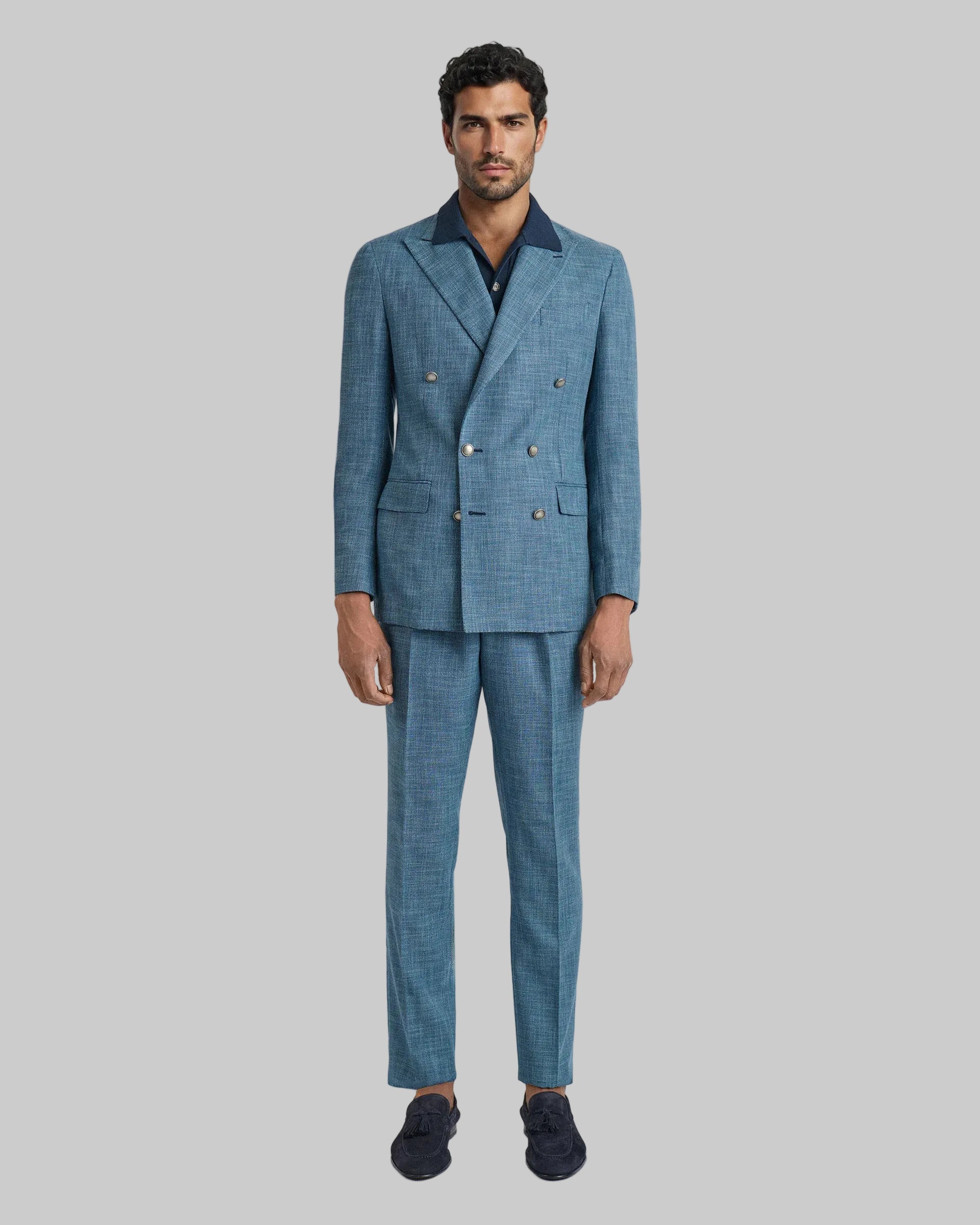 Abito doppiopetto blu in cotone e lana tessuto Vitale Barberis & Canonico “ Cotton Bloom “