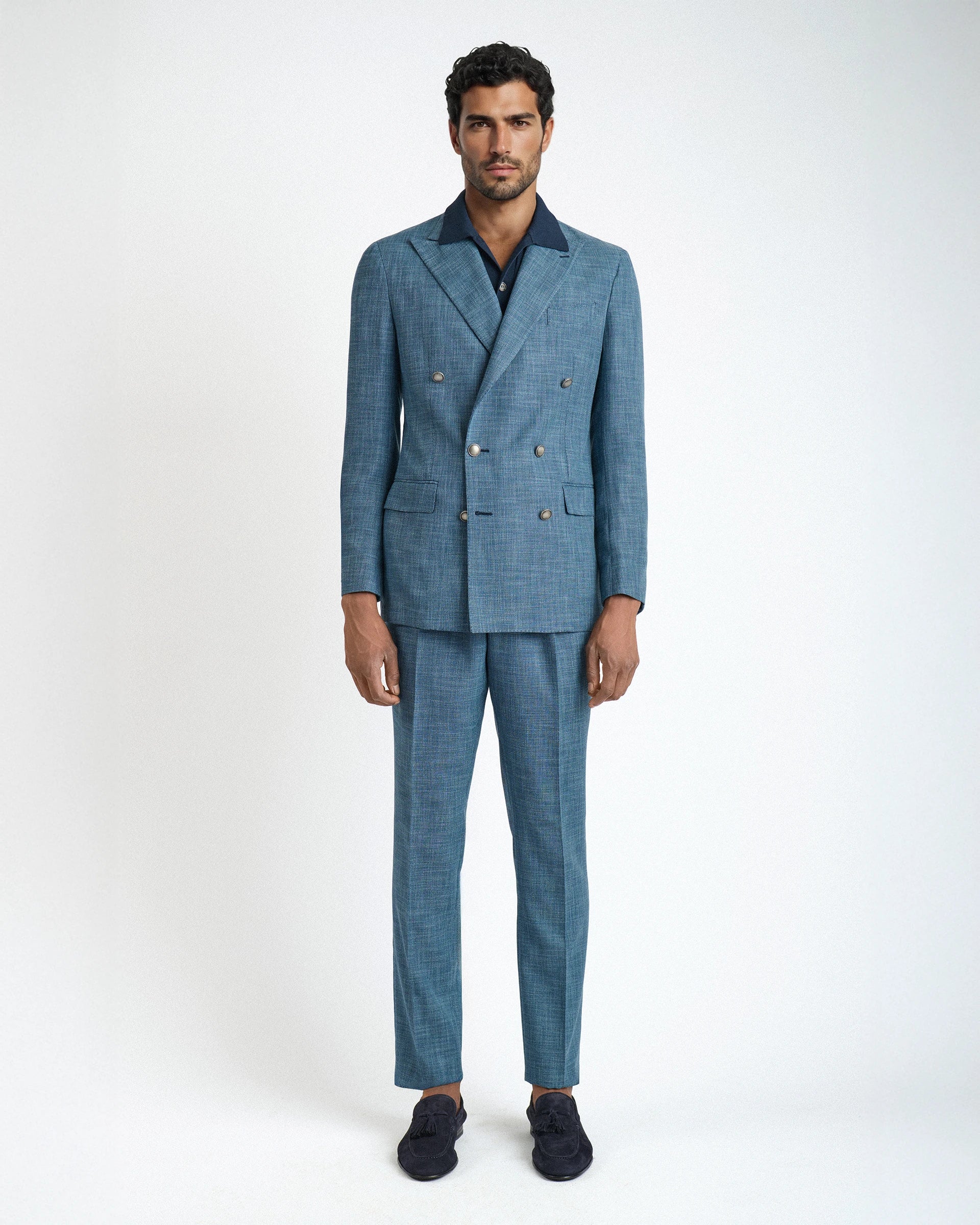 Abito doppiopetto blu in cotone e lana tessuto Vitale Barberis & Canonico “Cotton Bloom“