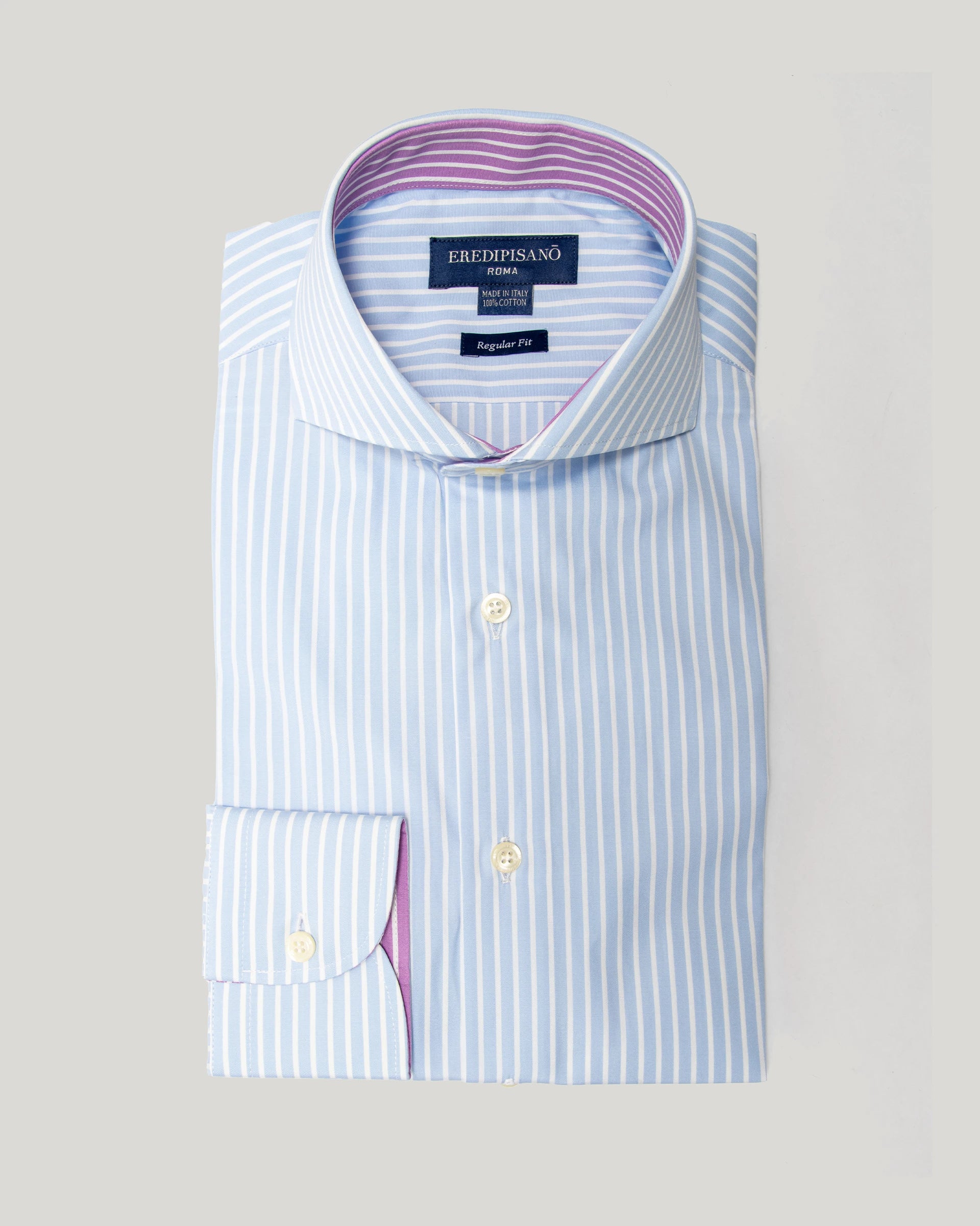 Sky blue pure cotton twill shirt with white stripe, regular fit, Canclini fabric