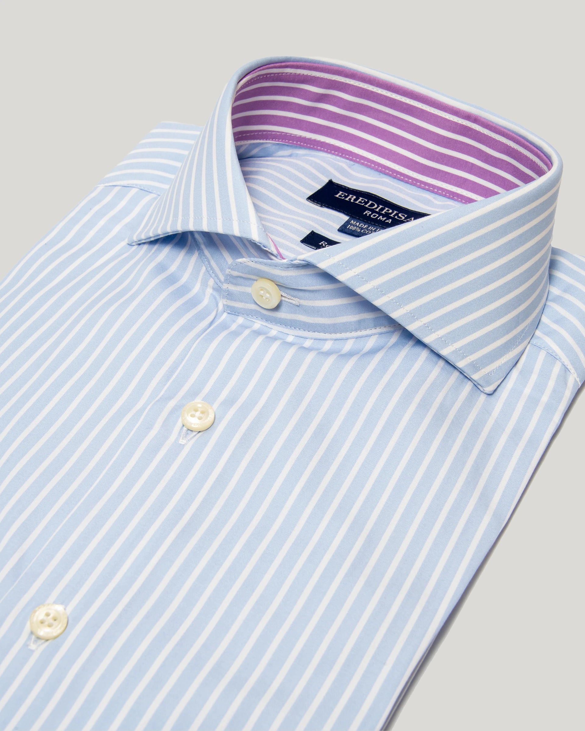 Sky blue pure cotton twill shirt with white stripe, regular fit, Canclini fabric