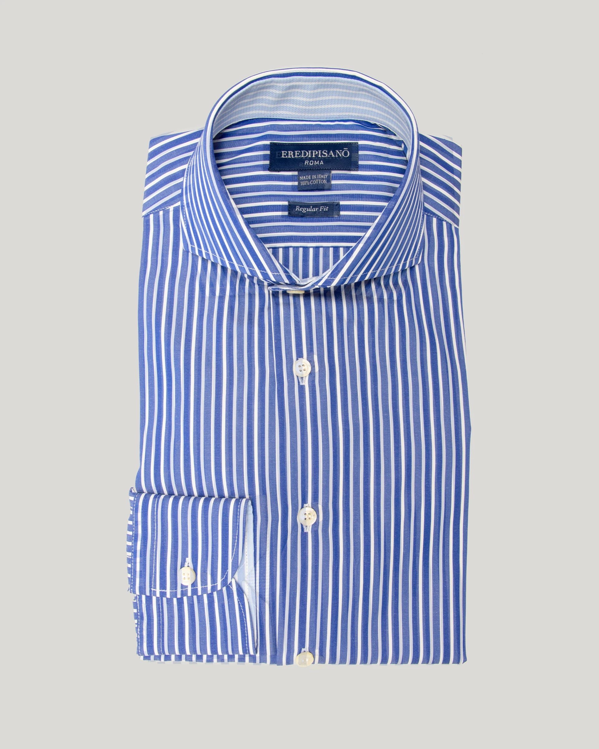Regular fit pure cotton blue twill shirt with white stripes, Canclini fabric