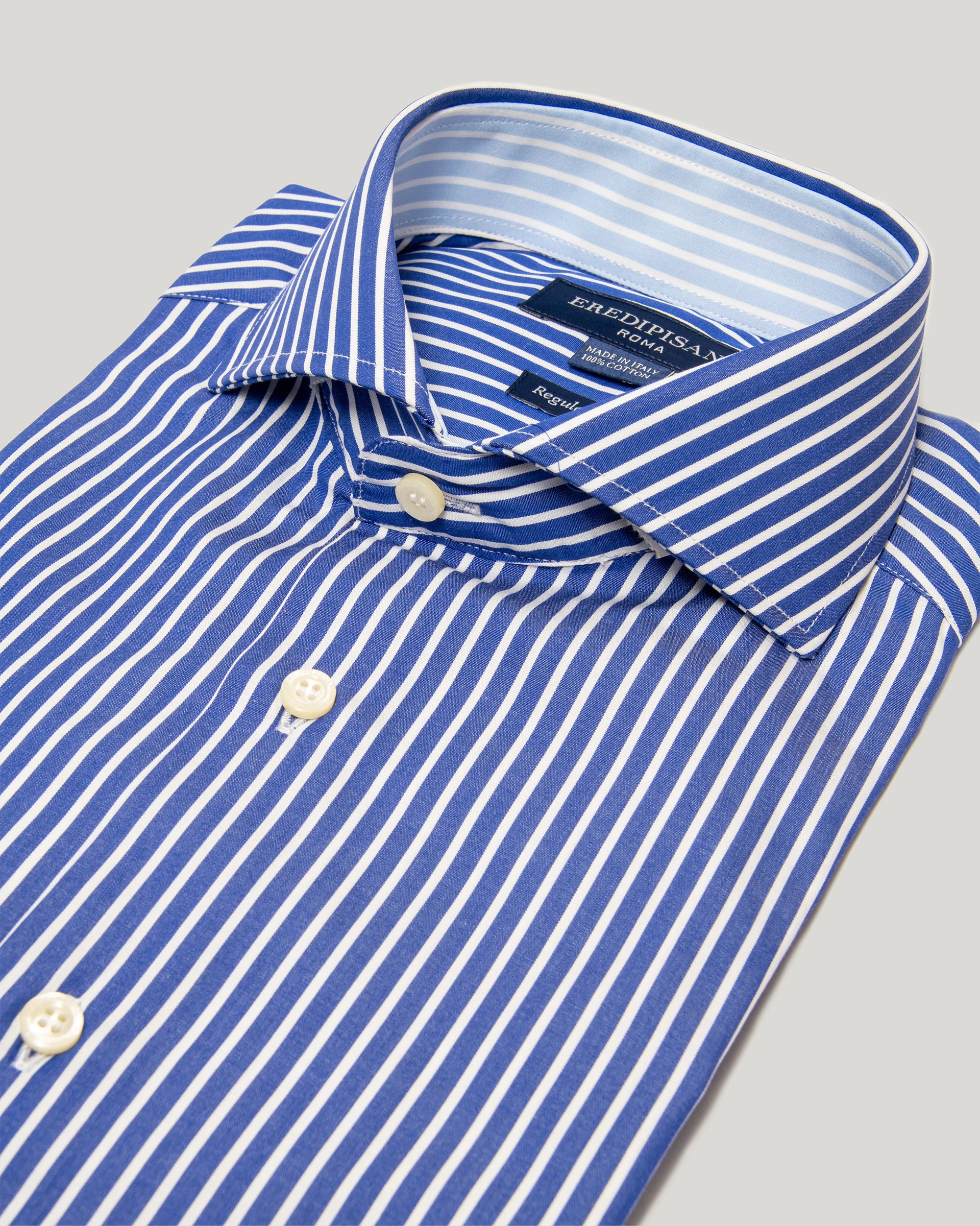 Regular fit pure cotton blue twill shirt with white stripes, Canclini fabric