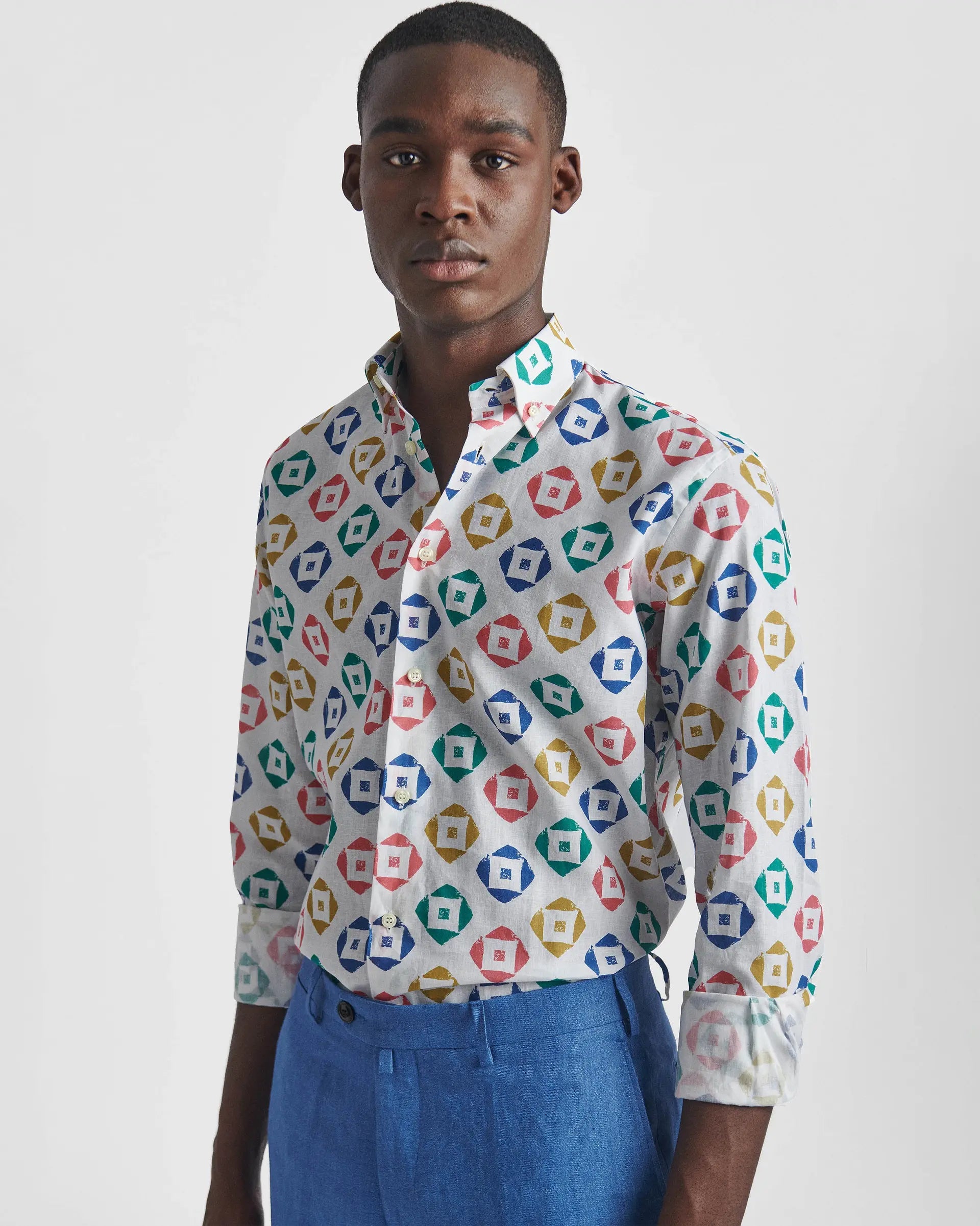 Pattern Linen and Cotton Shirts Regular Fit with Button Down Collar
