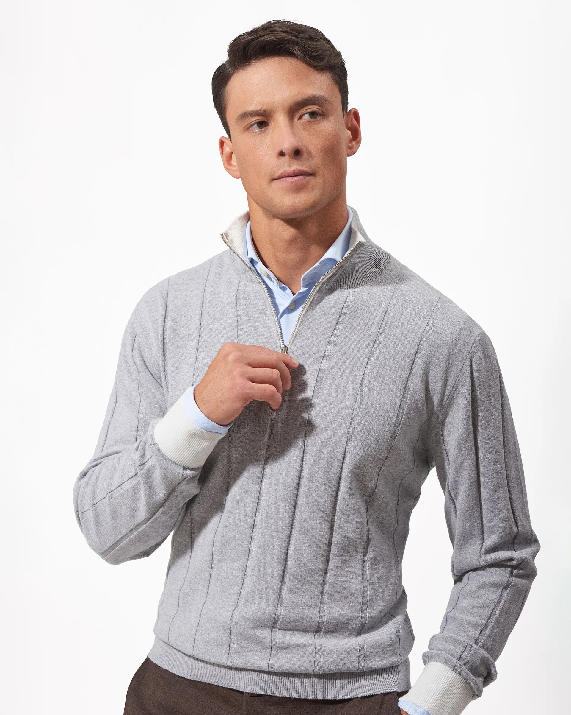 Grey Cotton Half-Zip Sweater - 12 gauge