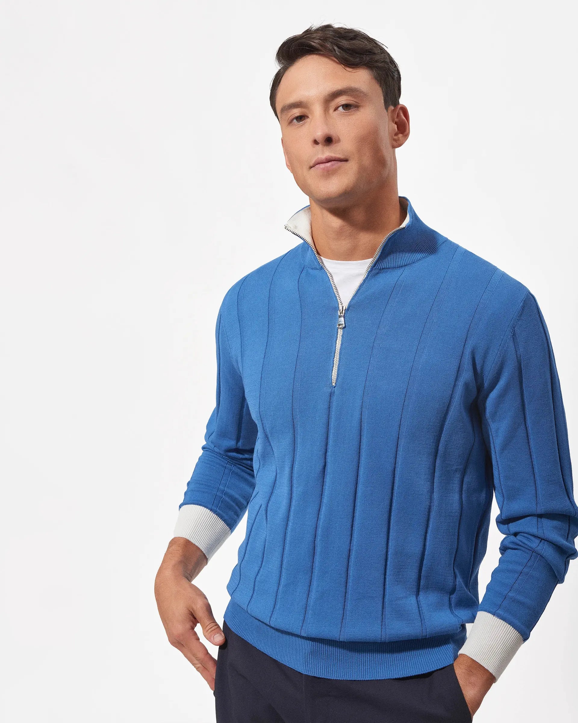 Avion Blue Cotton Half-Zip Sweater - 12 gauge
