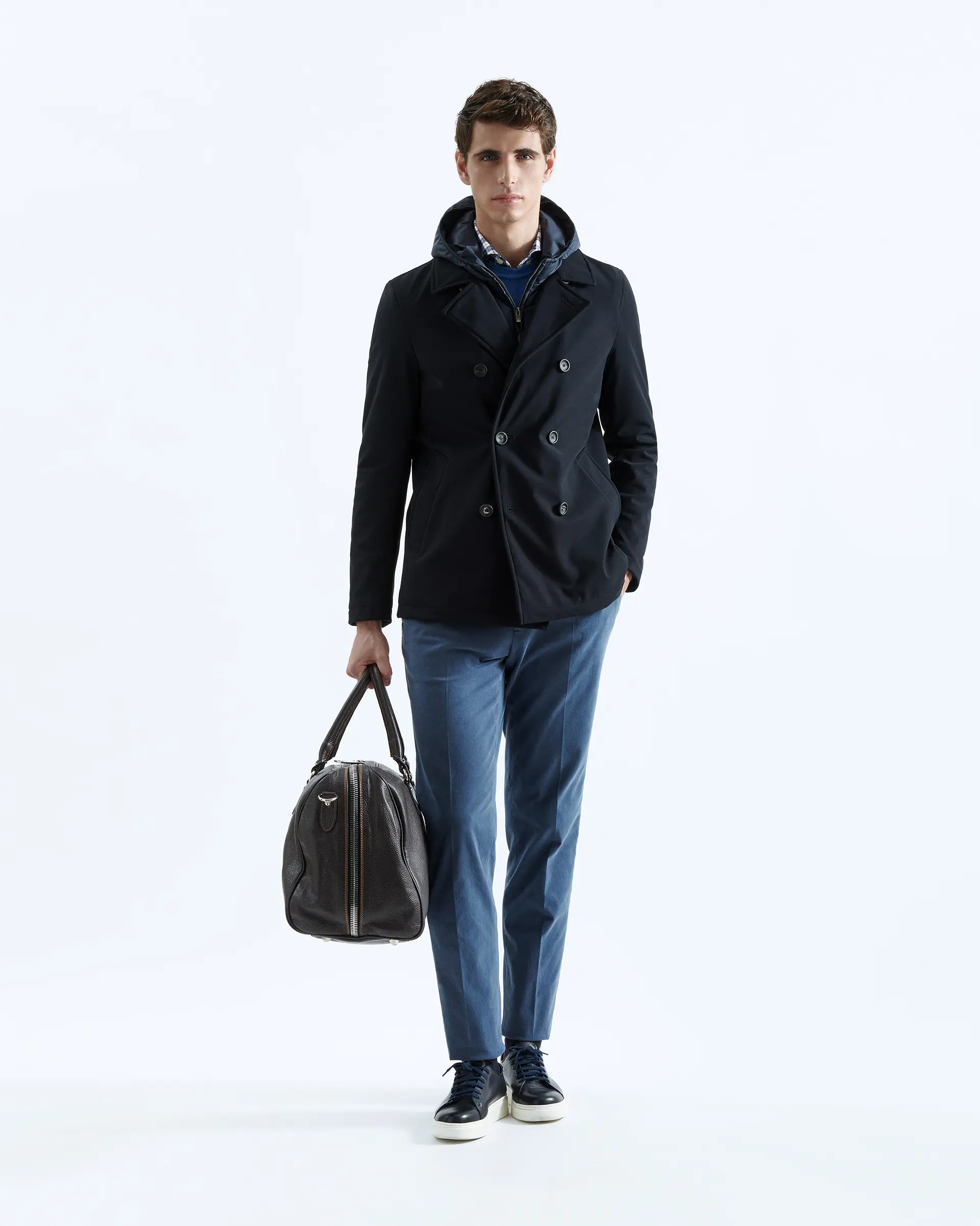 Double-breasted blue pea coat with bib in stretch technical fabric