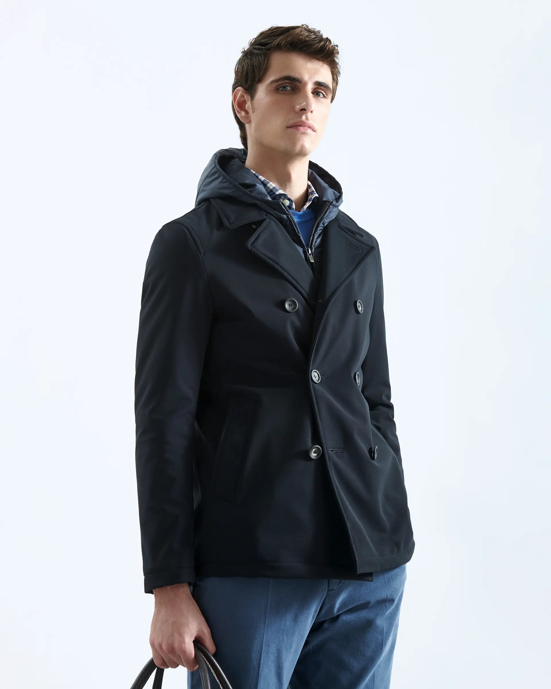 Double-breasted blue pea coat with bib in stretch technical fabric