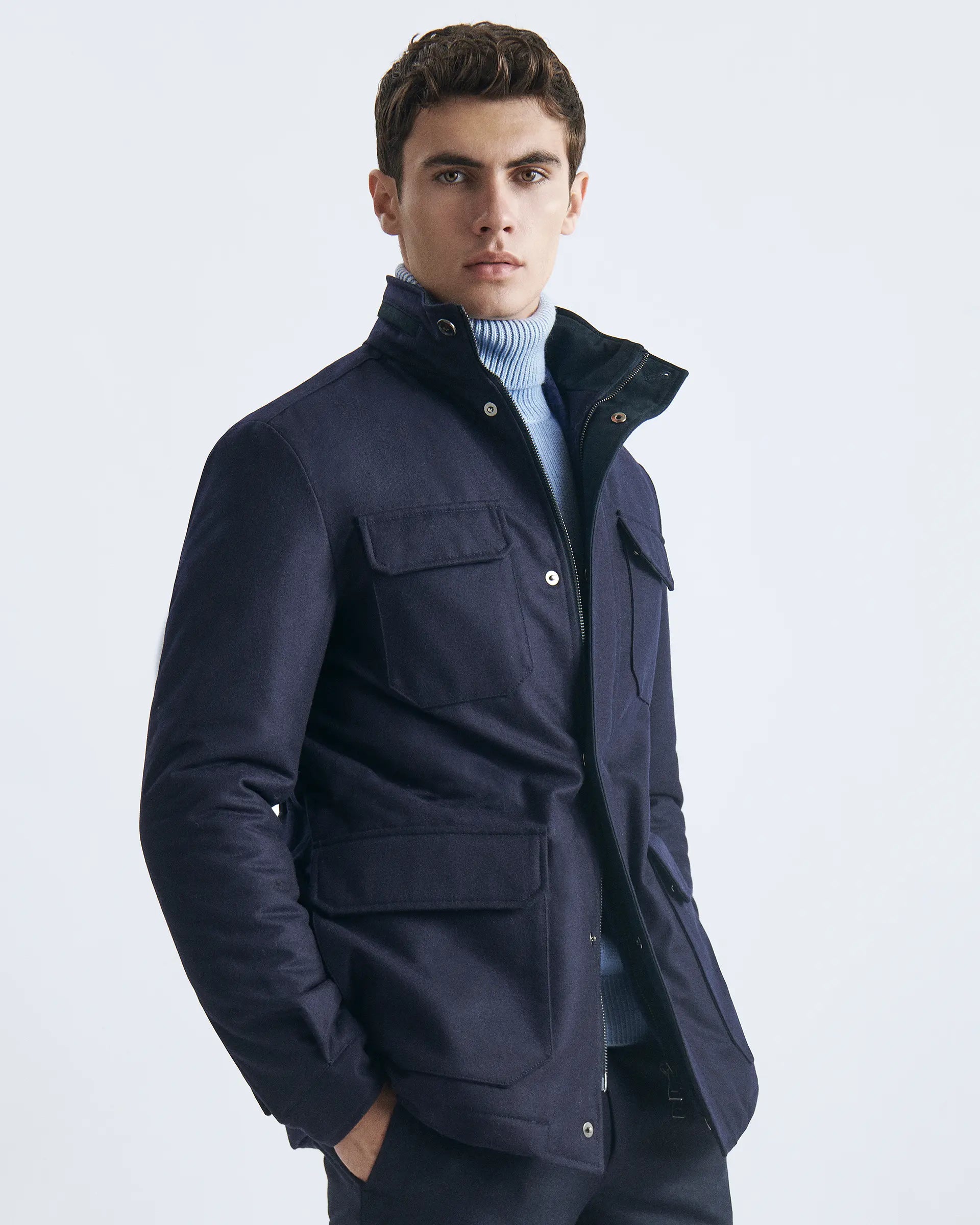 Field Jacket  blu in pura lana tessuto Vitale Barberis & Canonico
