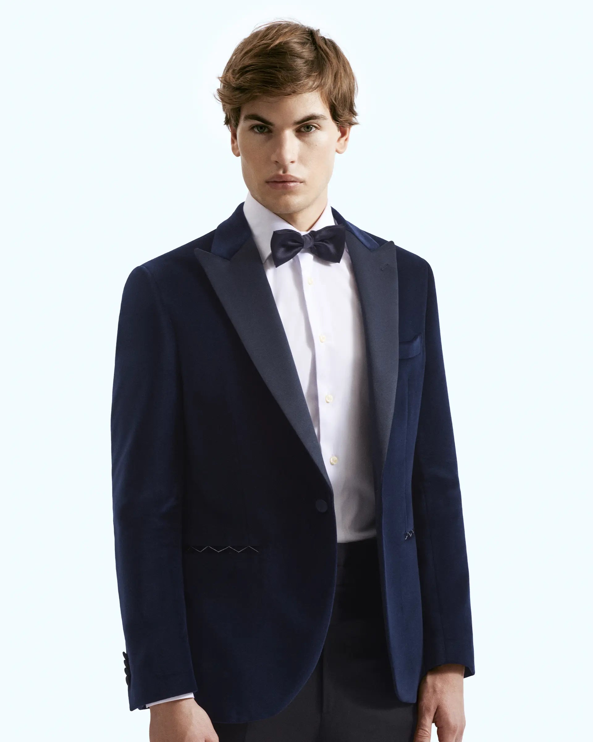 Blue tuxedo jacket in smooth cotton velvet