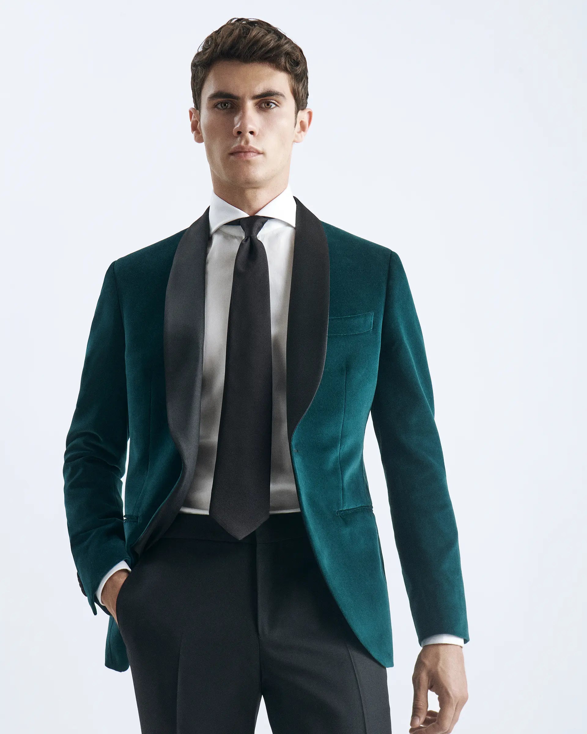 Green tuxedo jacket in smooth cotton velvet