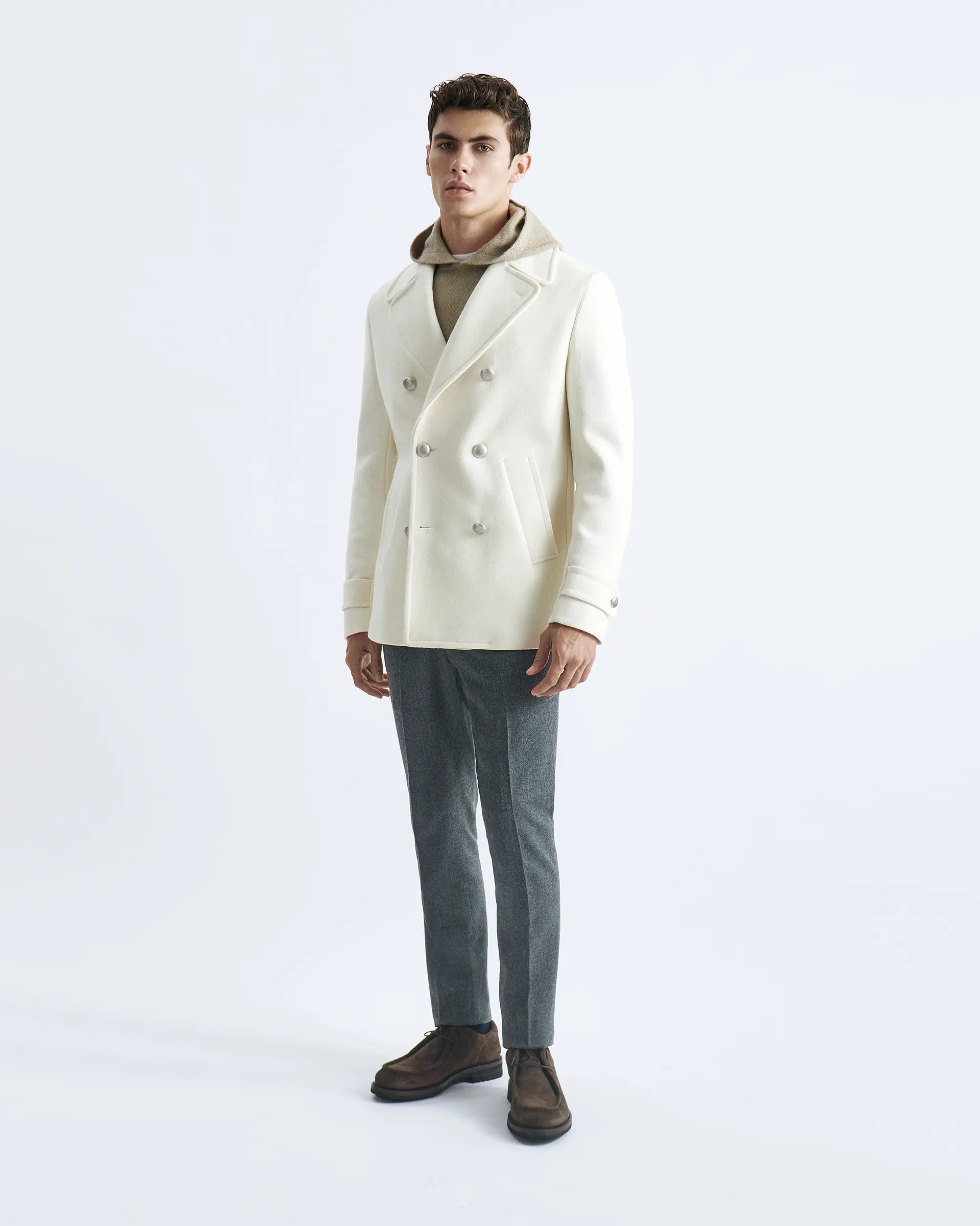 Double-breasted peacoat in white jersey