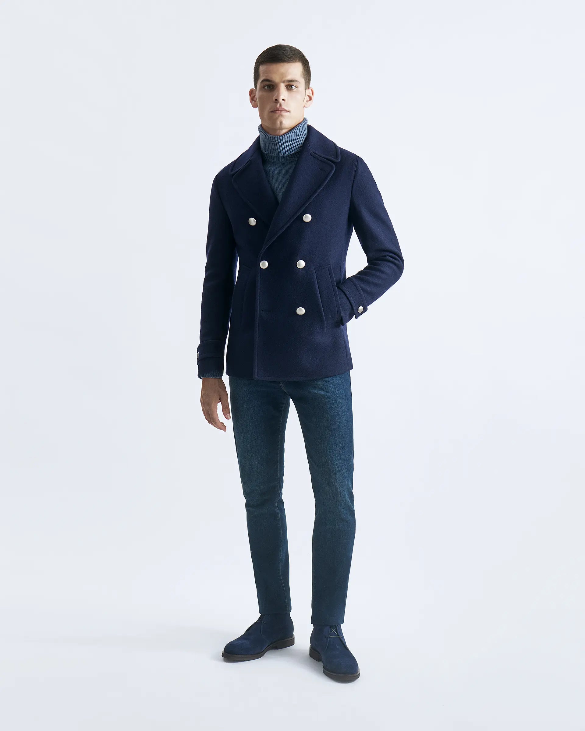 Double-breasted blue jersey peacoat