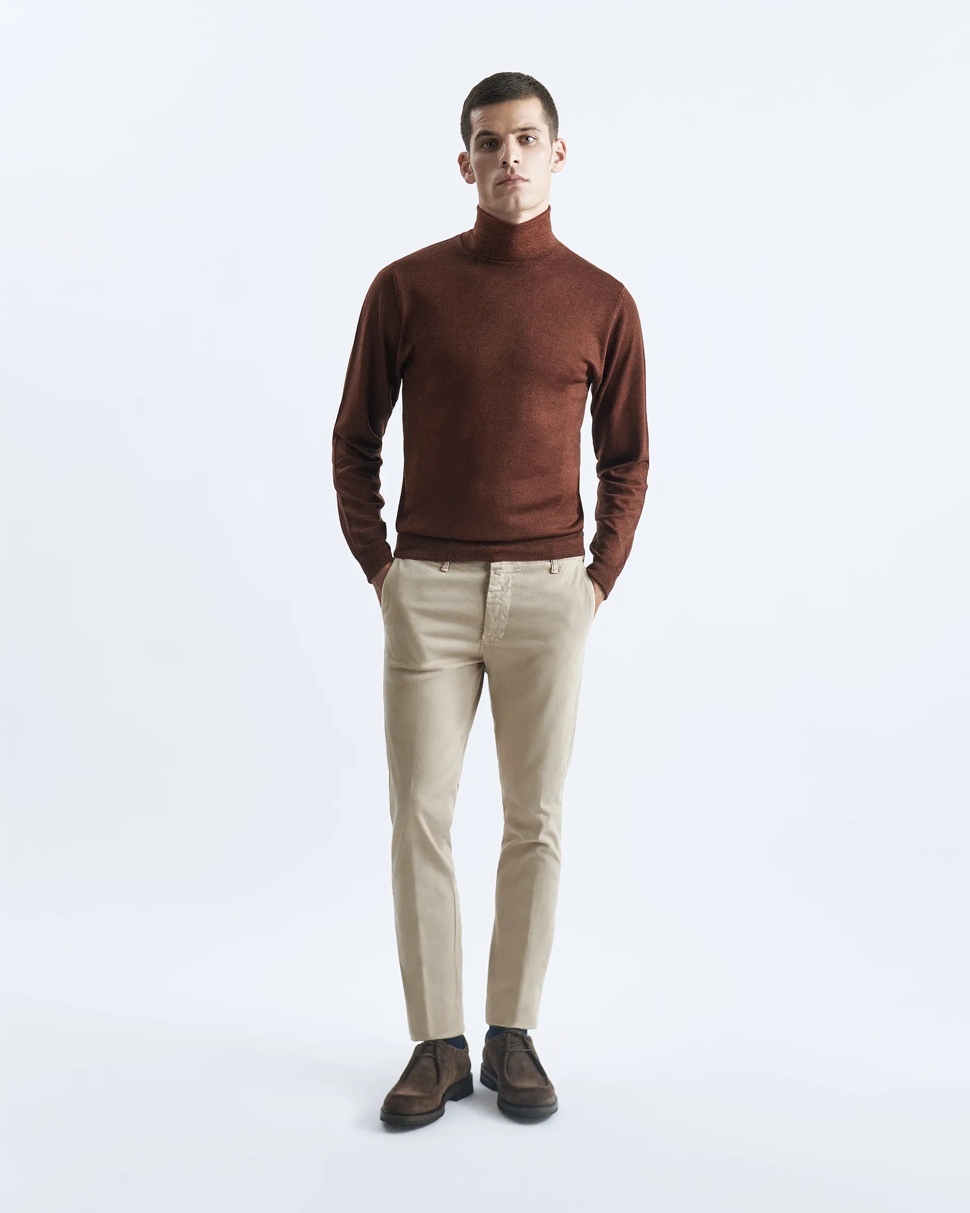 Beige garment-dyed stretch cotton trousers