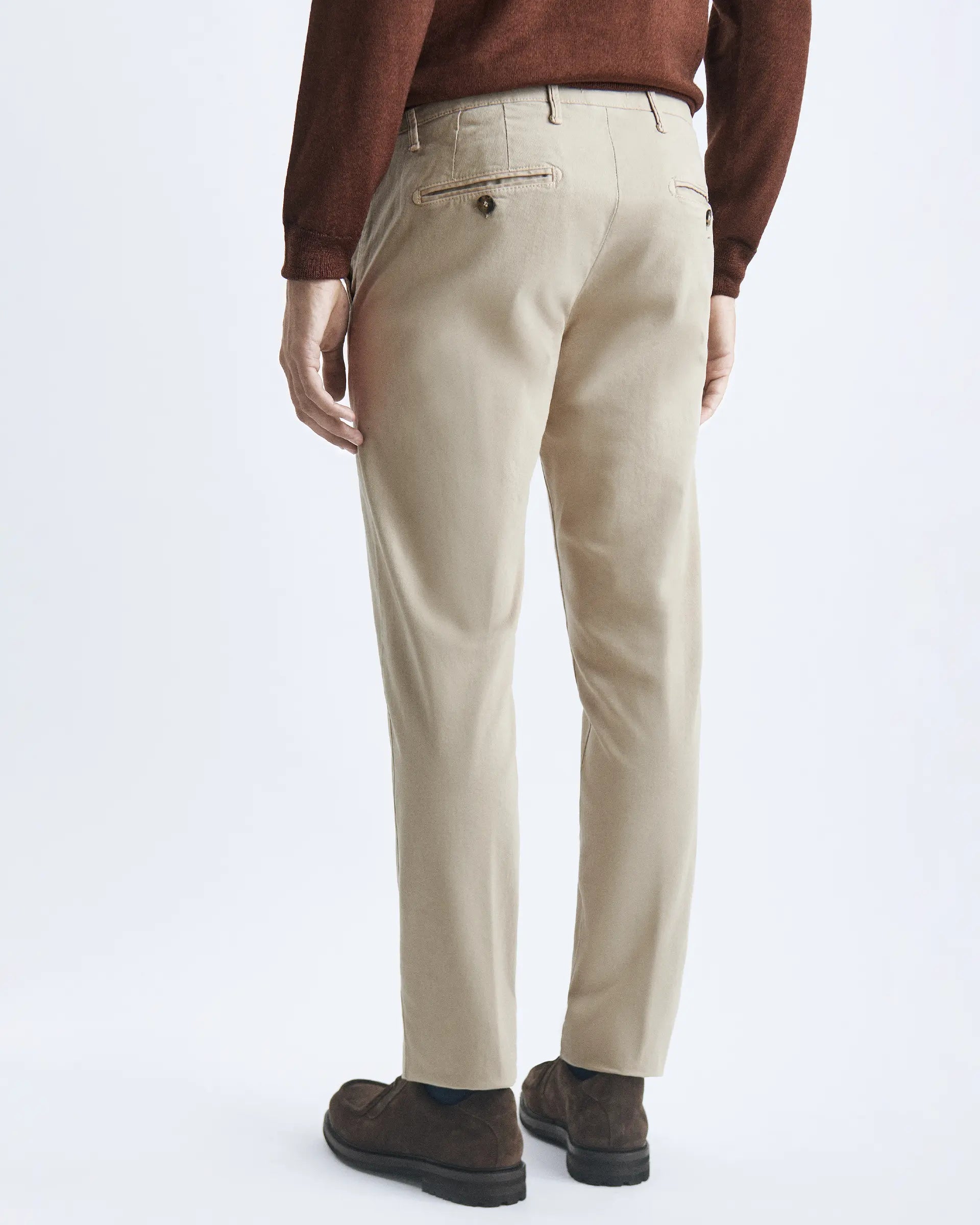 Beige garment-dyed stretch cotton trousers