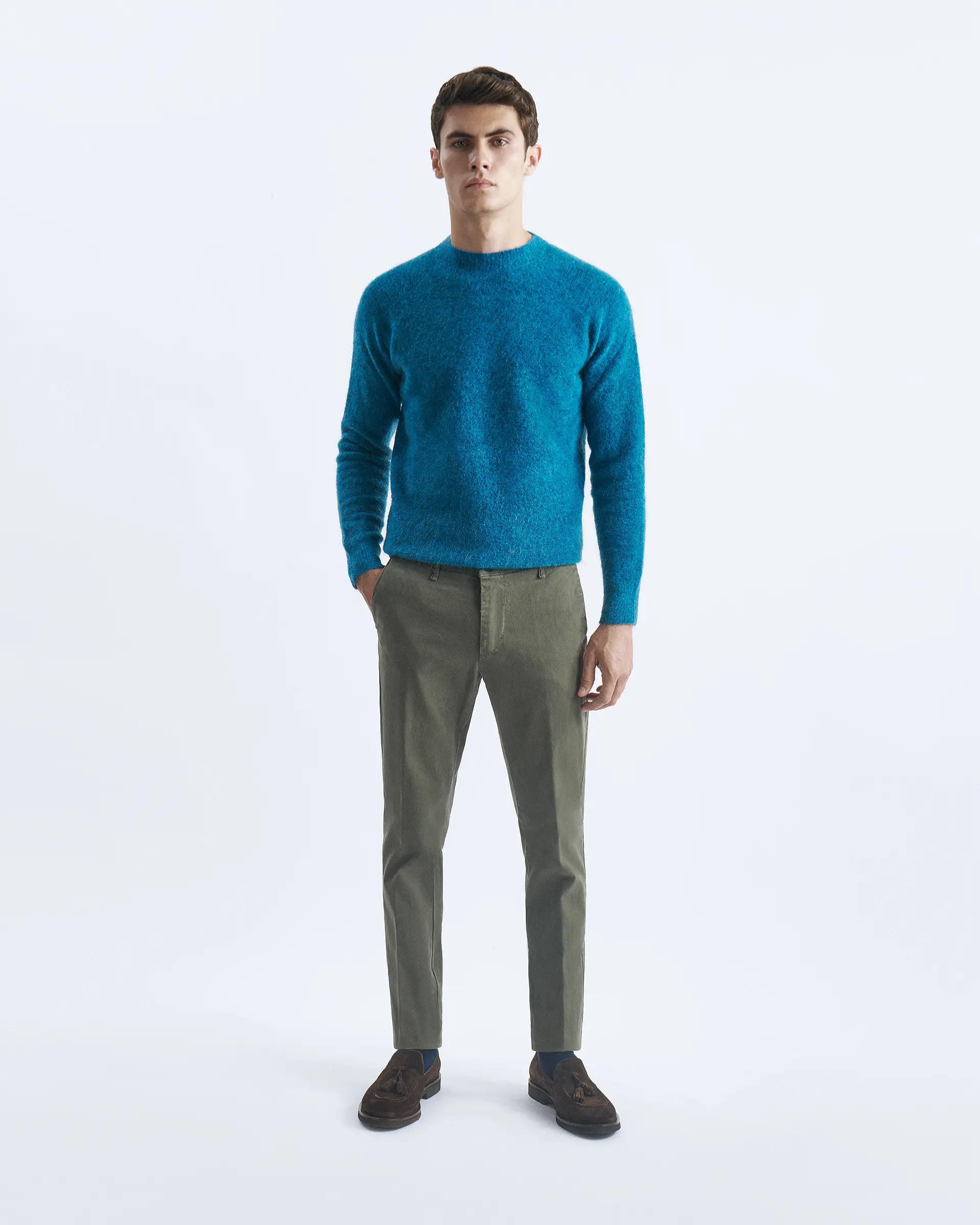 Garment-dyed stretch cotton military green trousers