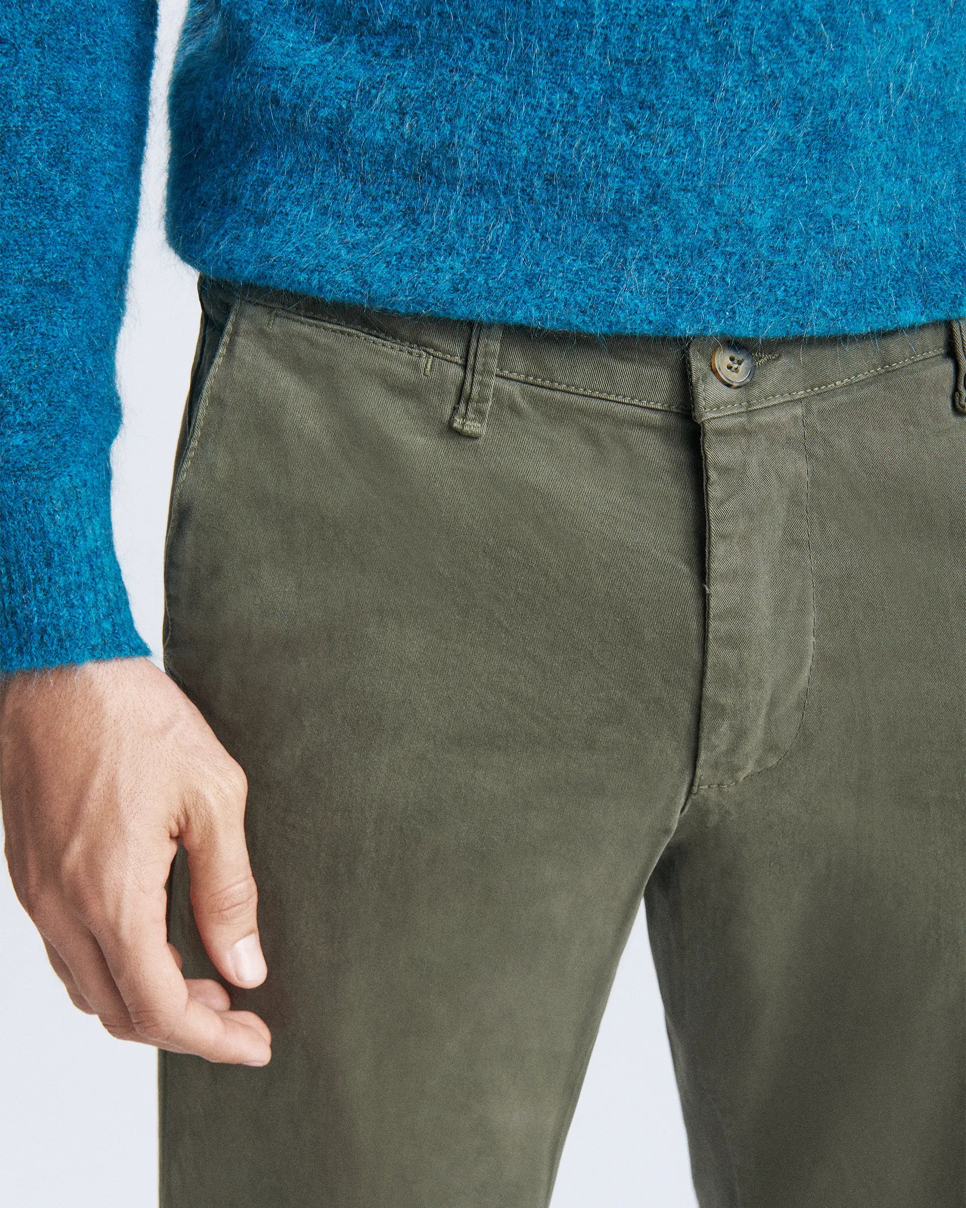 Garment-dyed stretch cotton military green trousers