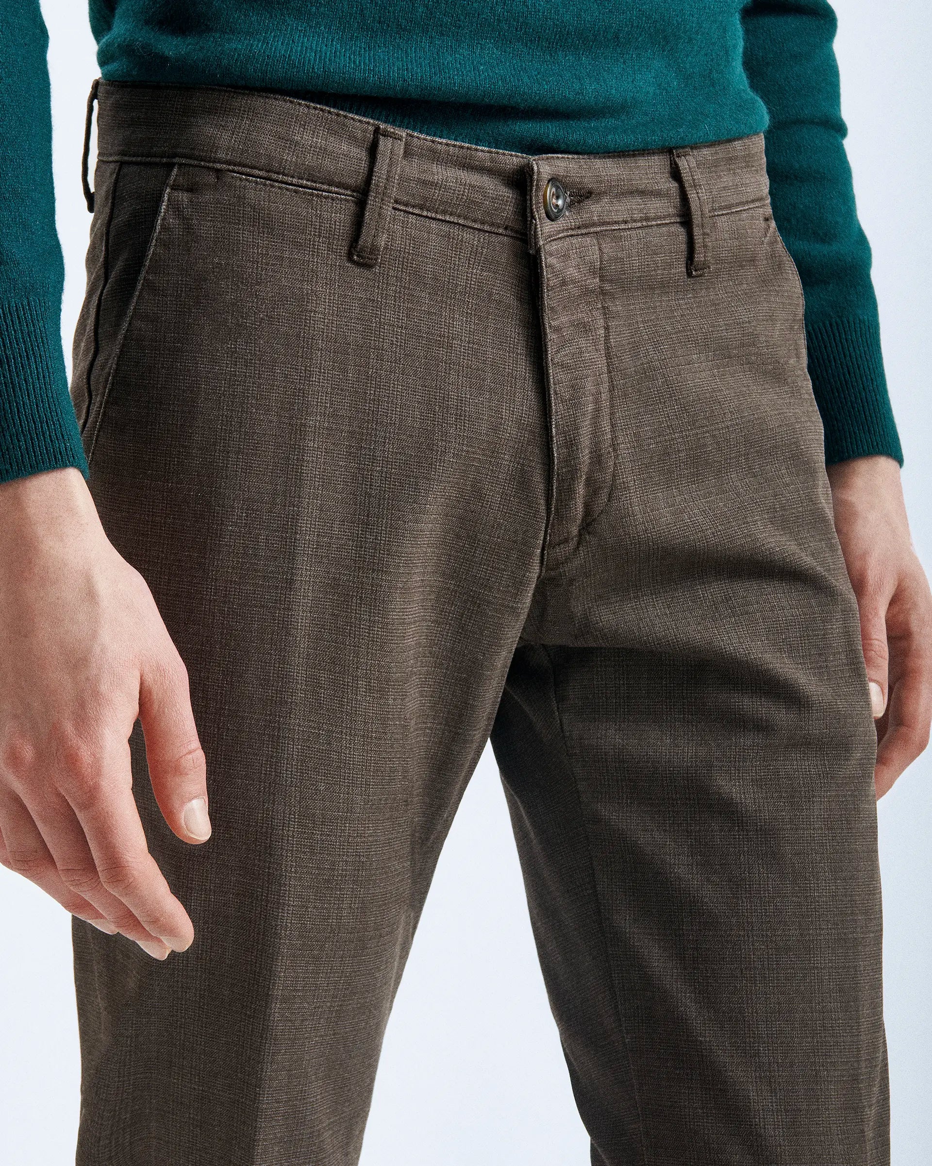 Pantalone marrone Principe di Galles in cotone stretch