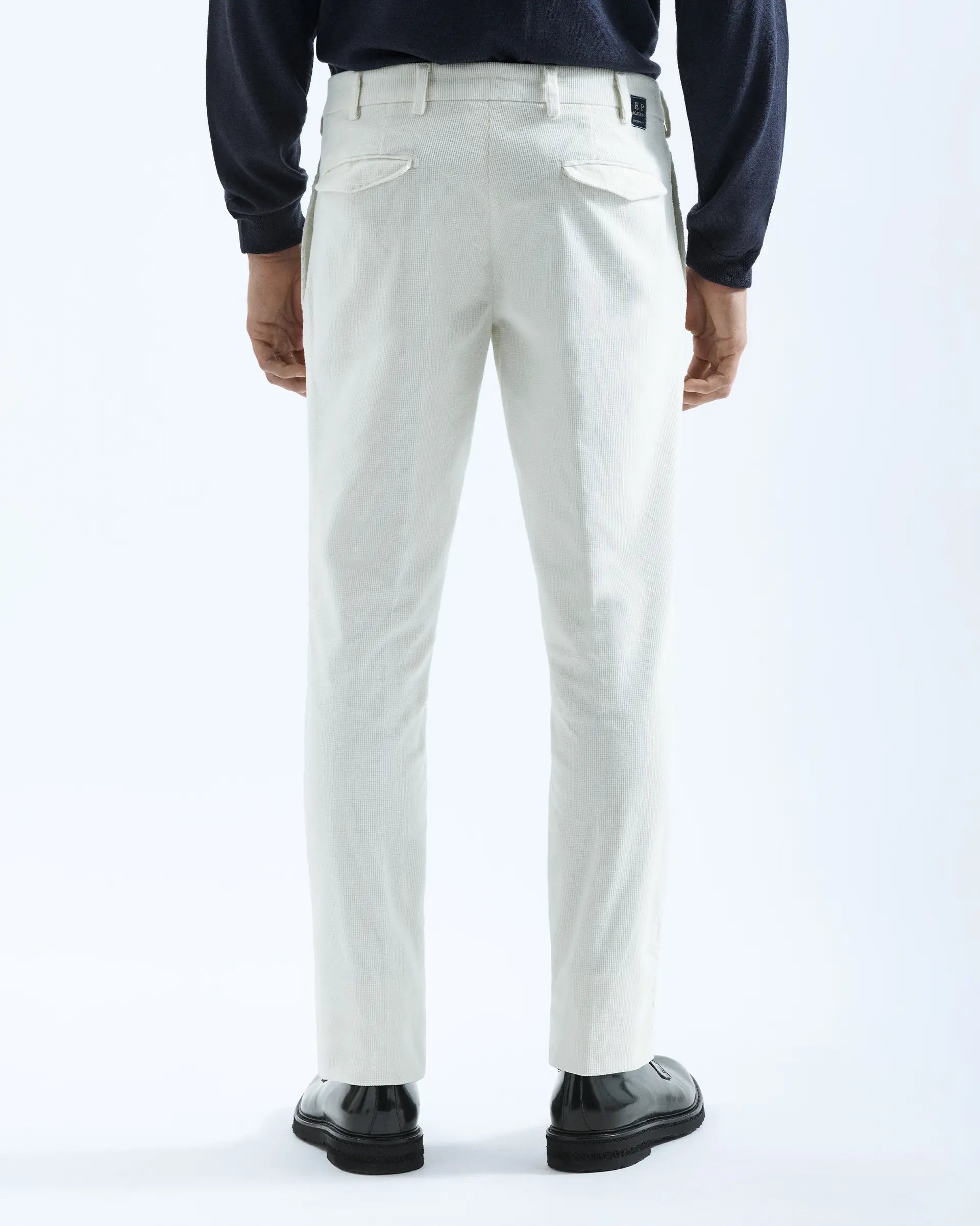 White stretch cotton hammered velvet trousers