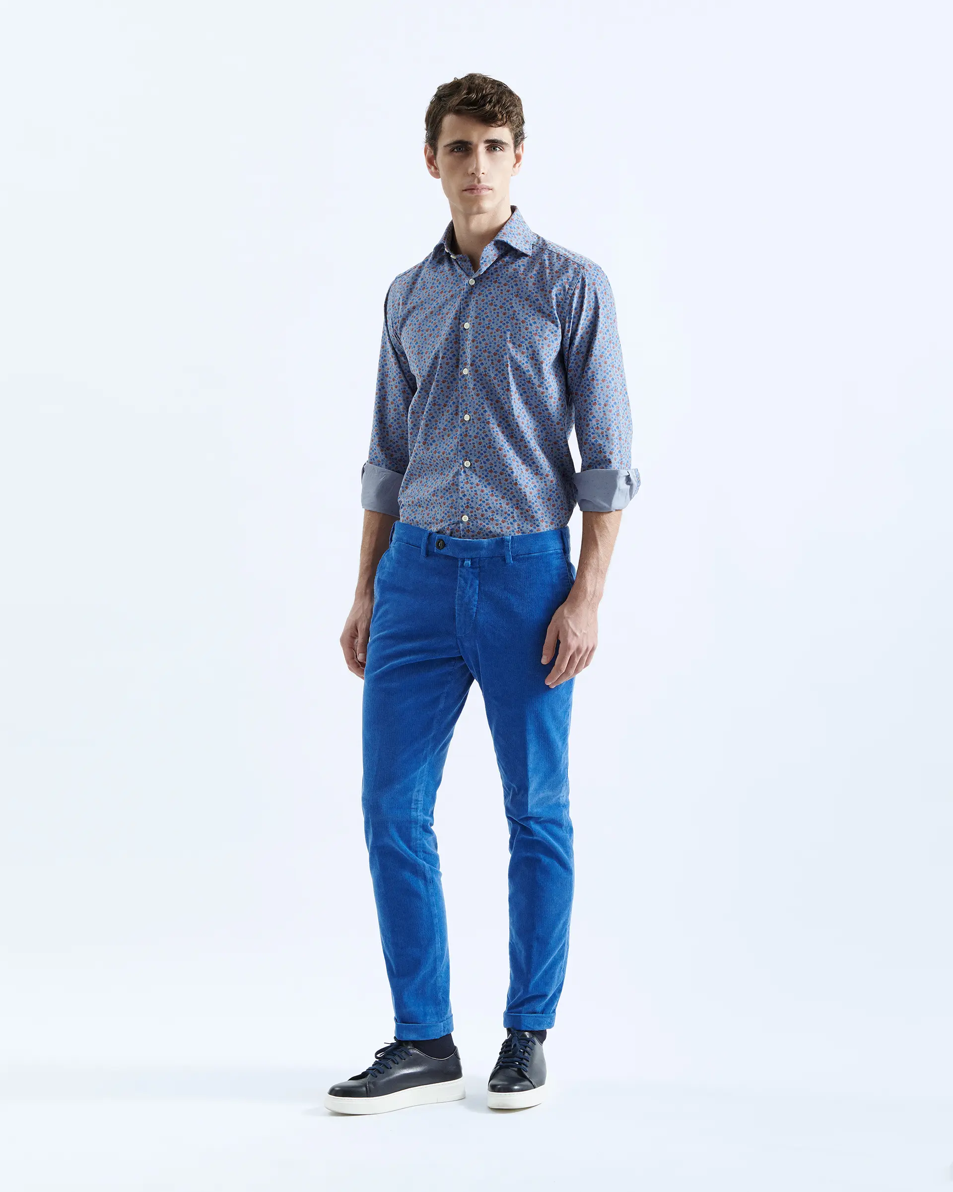 Light blue trousers in stretch cotton hammered velvet