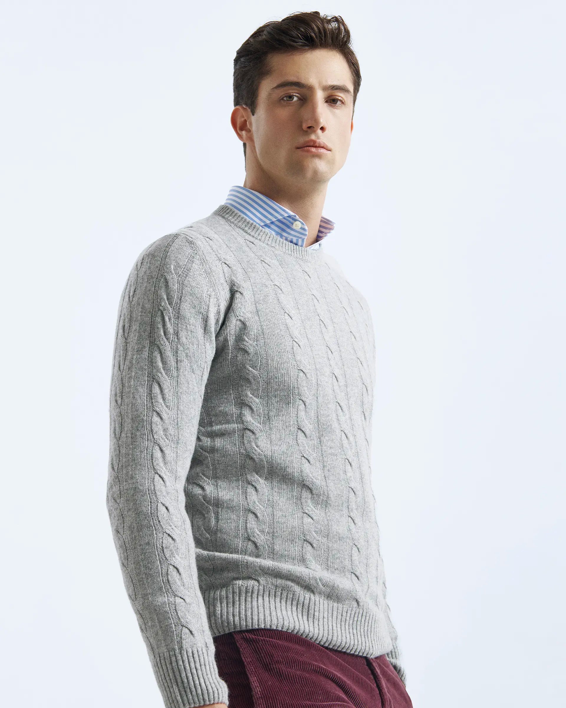 Gray crewneck in cashmere blend with braided workmanship