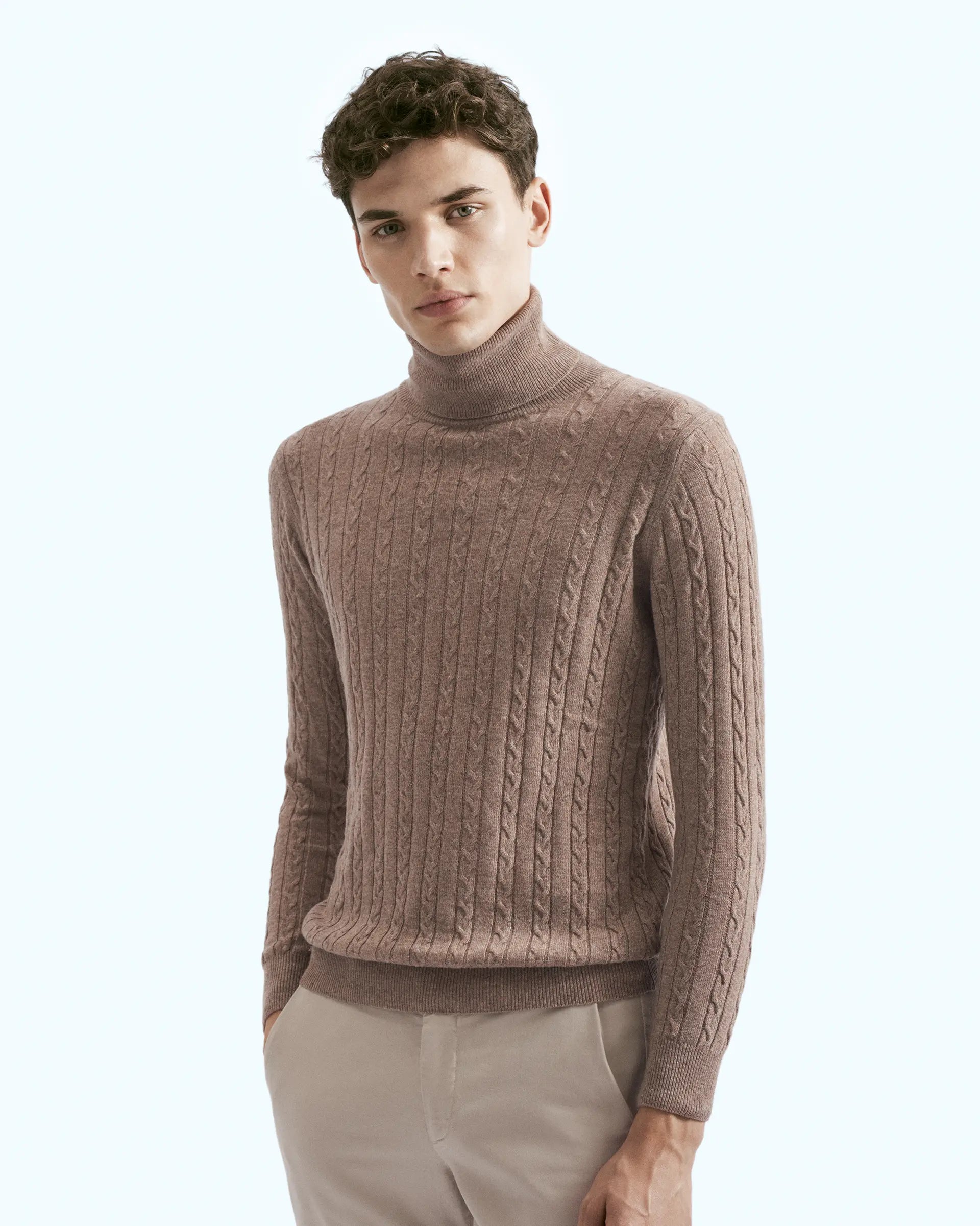 Beige turtleneck in cashmere blend with cable knit