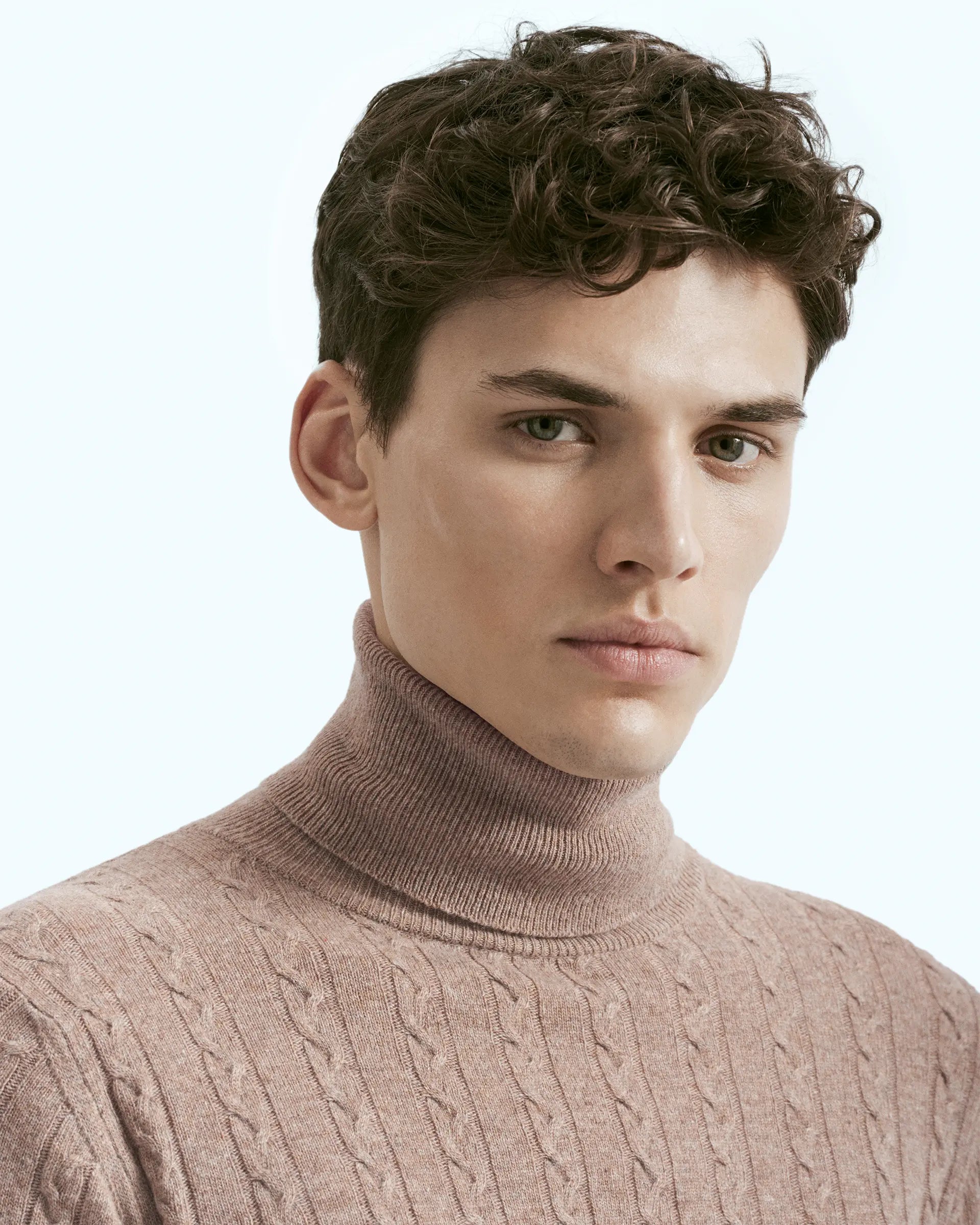 Beige turtleneck in cashmere blend with cable knit